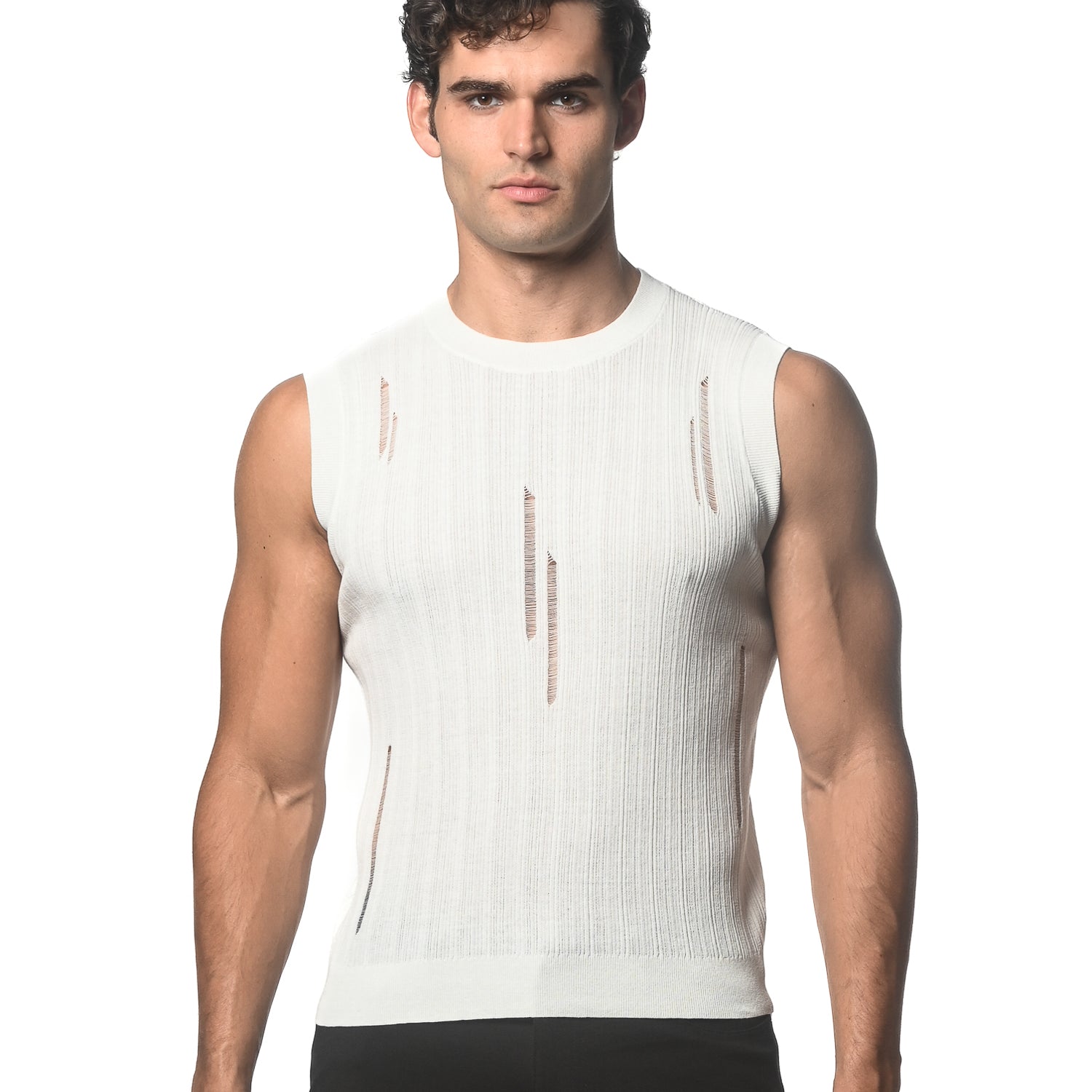 OFF WHITE DISTRESSED TEXTURED KNITTED TANK ST-24038