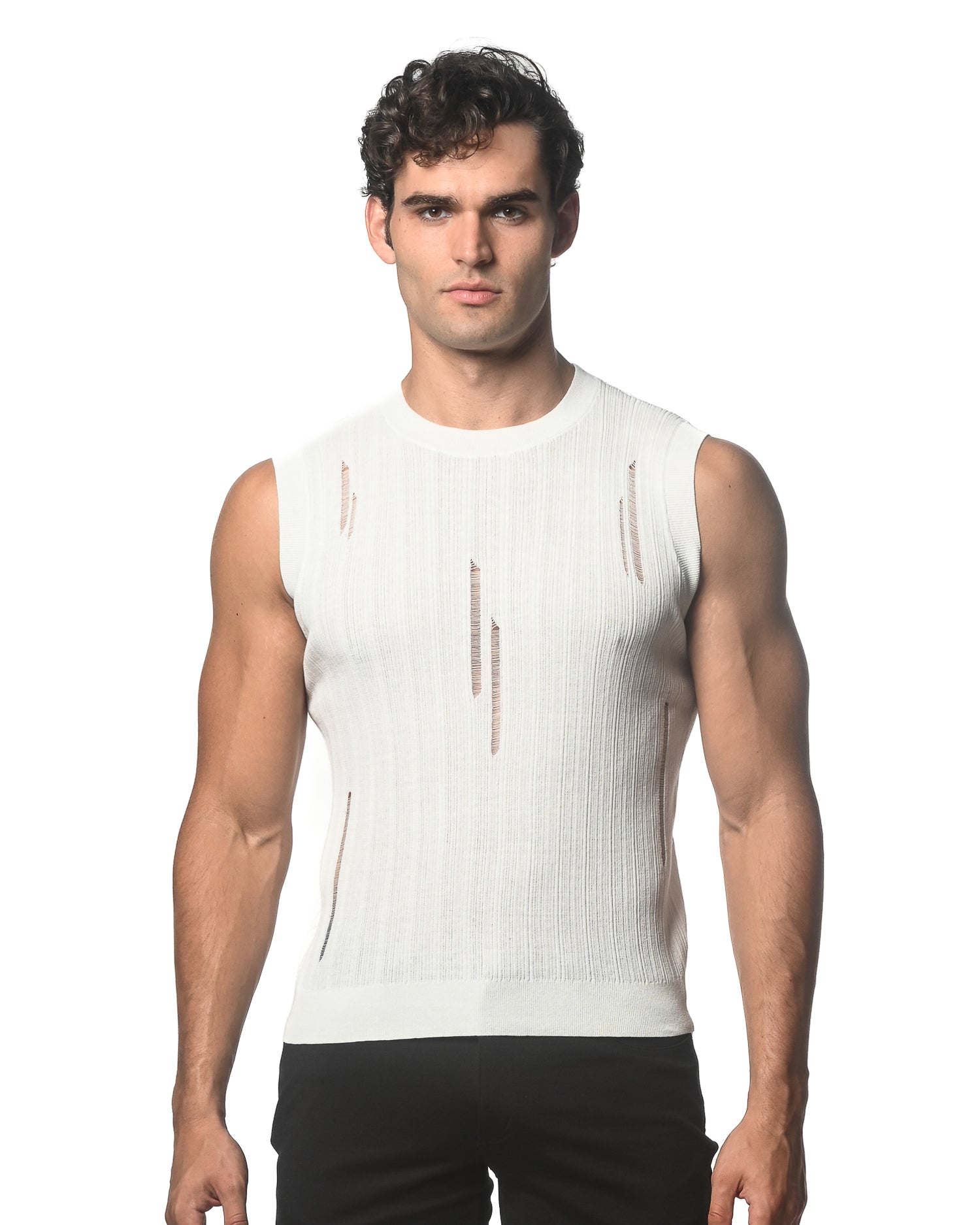 OFF WHITE DISTRESSED TEXTURED KNITTED TANK ST-24038