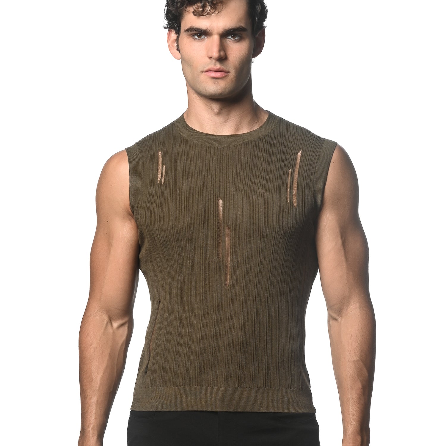 ARMY DISTRESSED TEXTURED KNITTED TANK- 24038