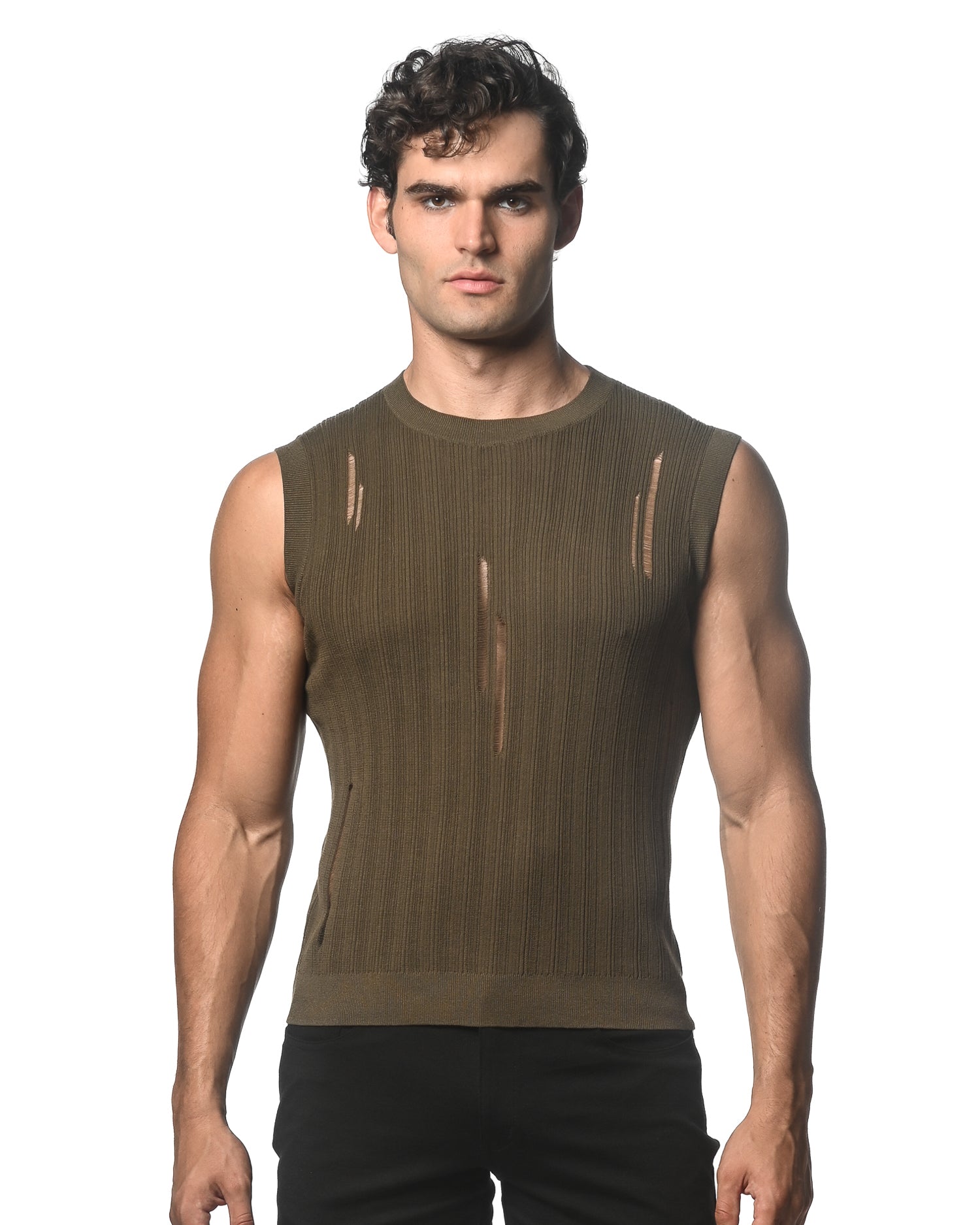 ARMY DISTRESSED TEXTURED KNITTED TANK- 24038