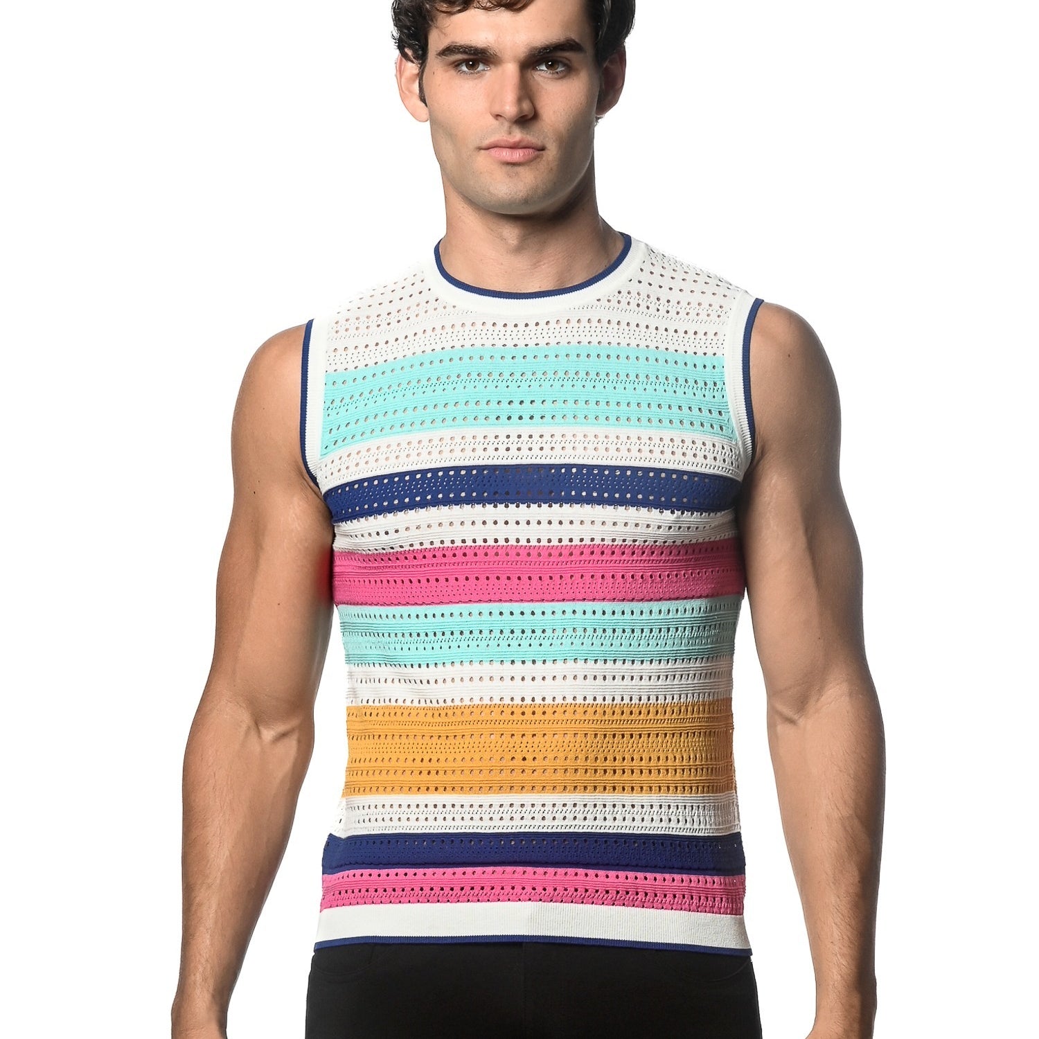 TEAL/FLAMINGO HORIZONTAL STRIPE TEXTURED OPEN KNITTED VEST ST-24048