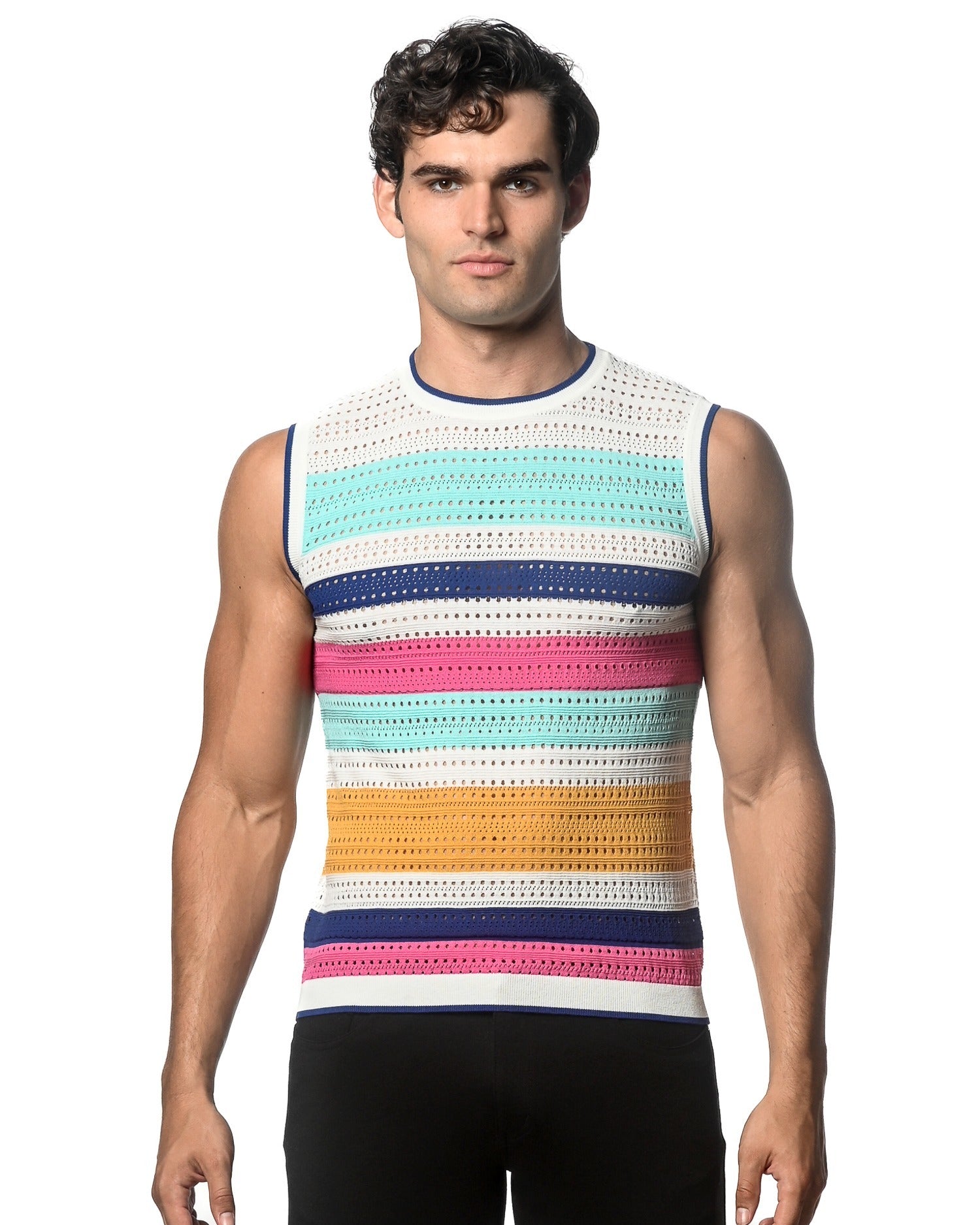 TEAL/FLAMINGO HORIZONTAL STRIPE TEXTURED OPEN KNITTED VEST ST-24048