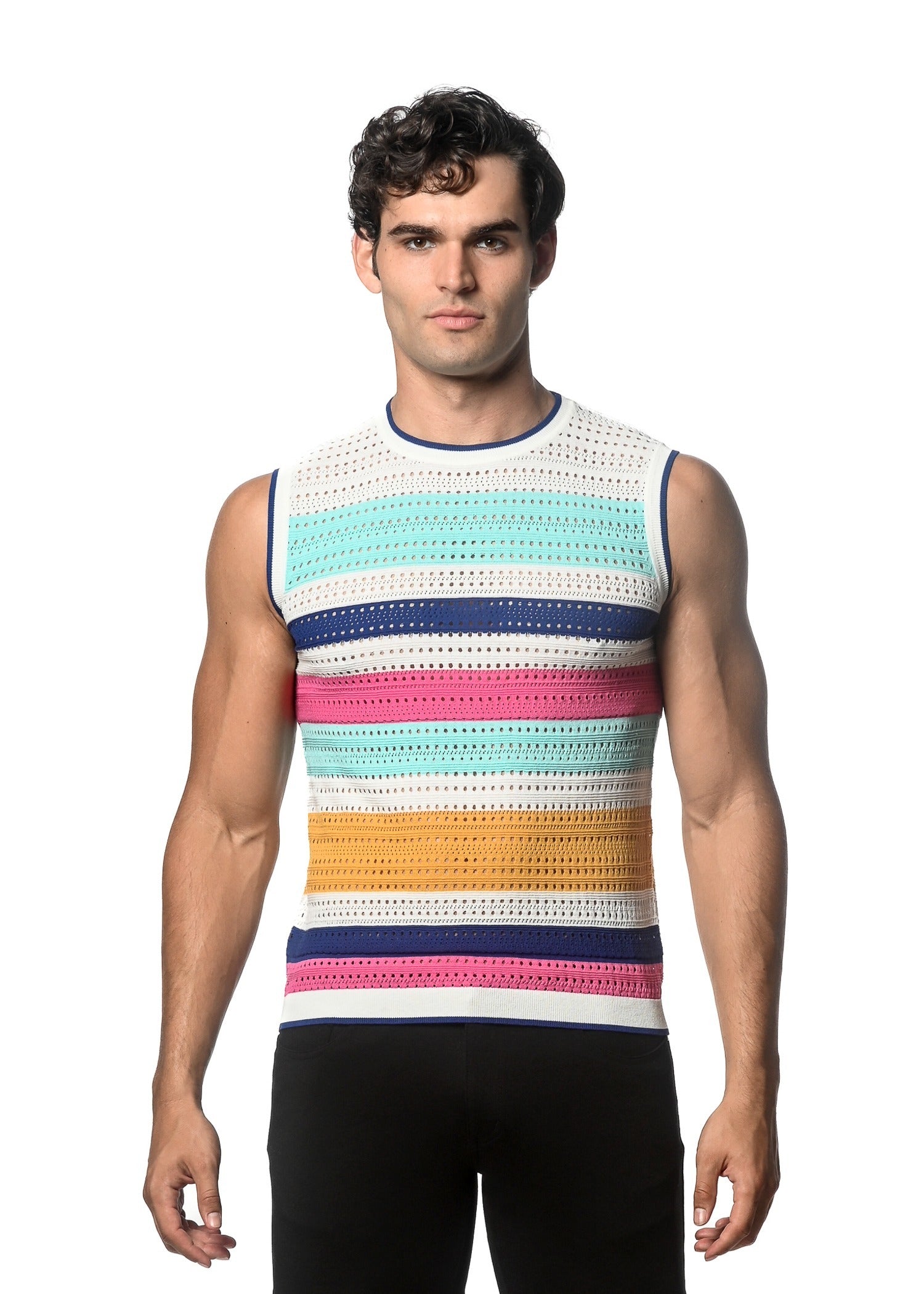 TEAL/FLAMINGO HORIZONTAL STRIPE TEXTURED OPEN KNITTED VEST ST-24048