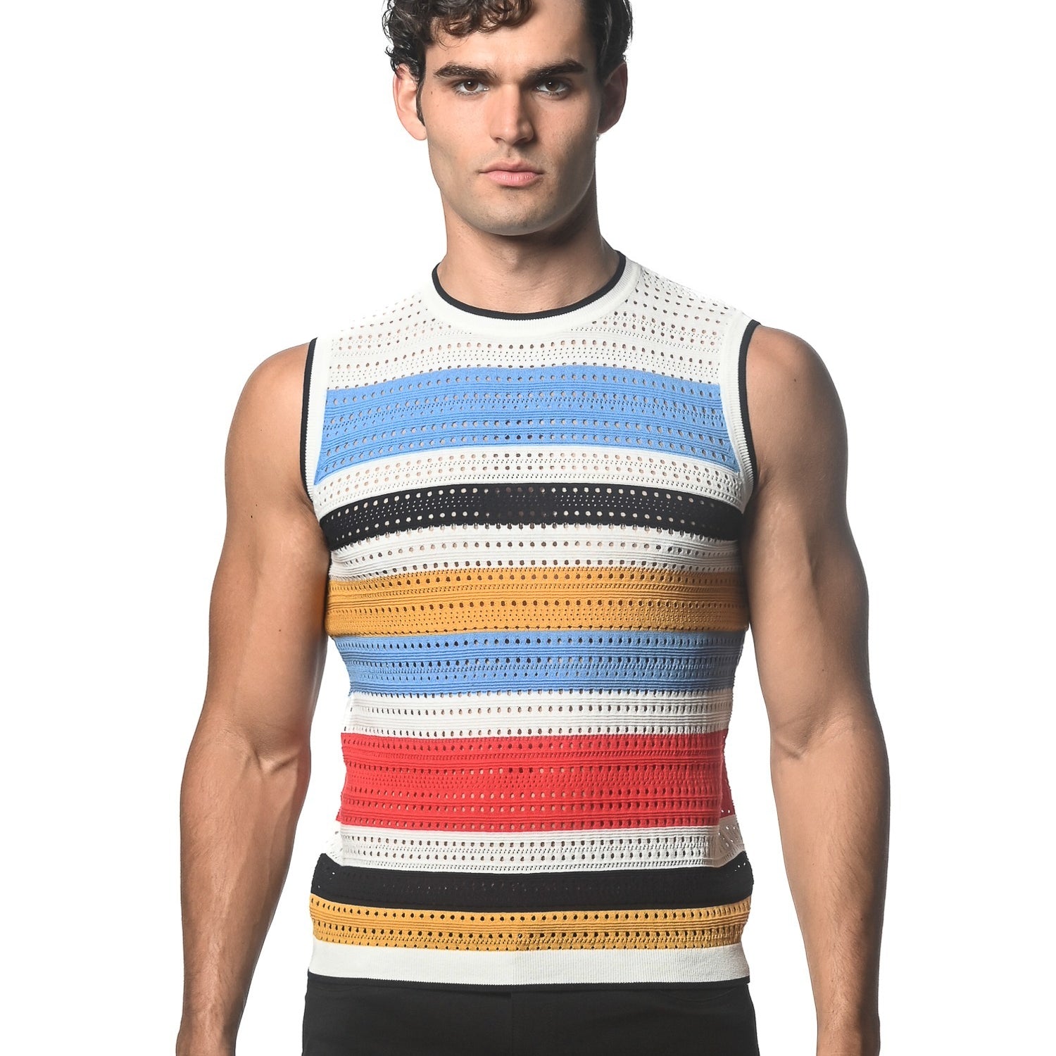 CLOUD/AMBER HORIZONTAL STRIPE TEXTURED KNITTED VEST ST-24048