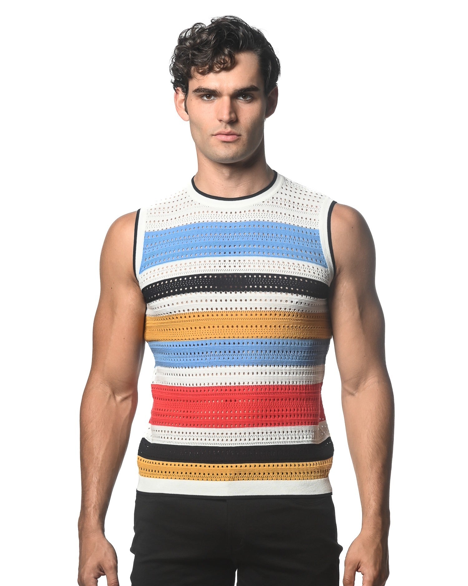 CLOUD/AMBER HORIZONTAL STRIPE TEXTURED KNITTED VEST ST-24048