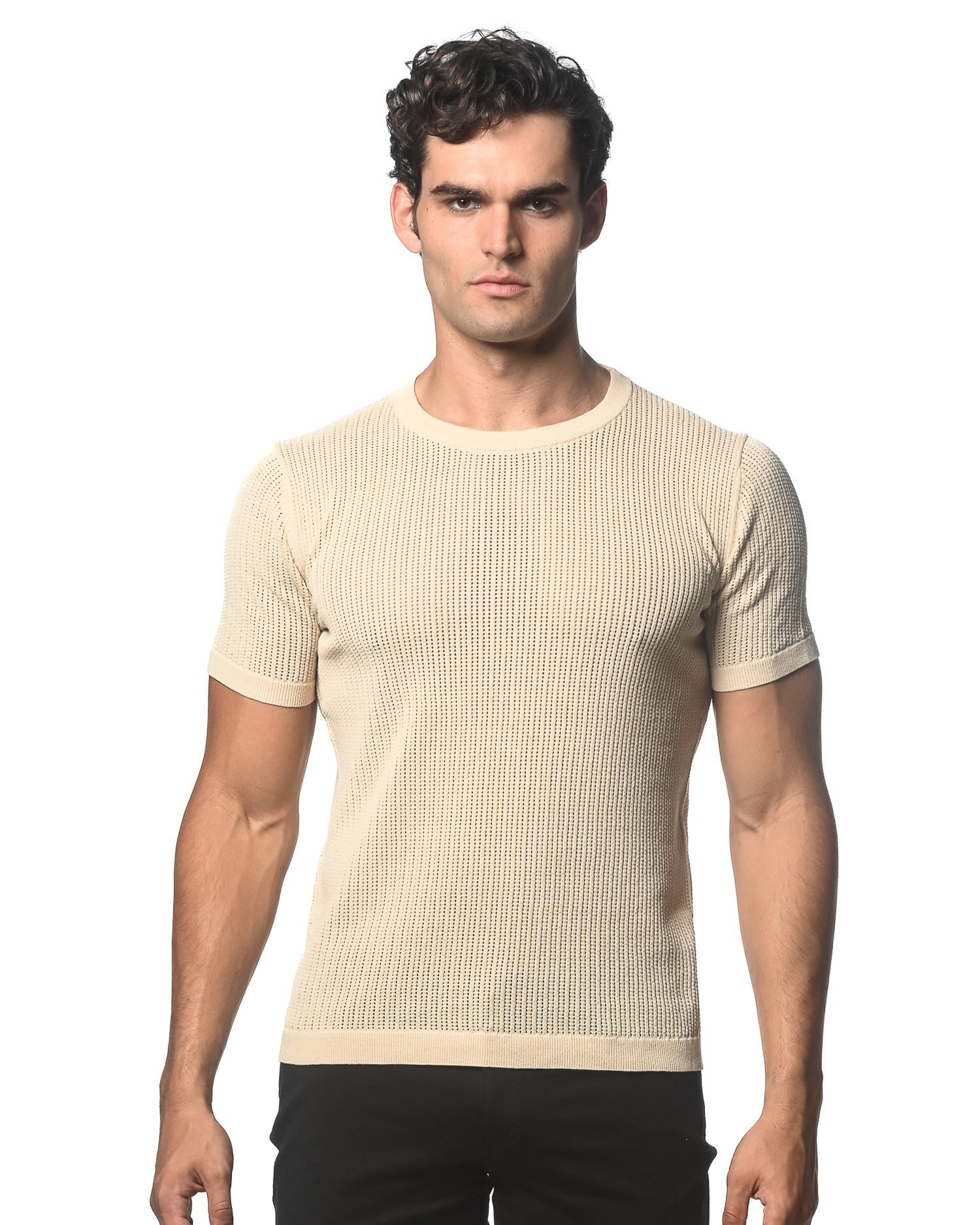 SAND CREW NECK SHORT SLEEVE KNITTED TEE ST-24036
