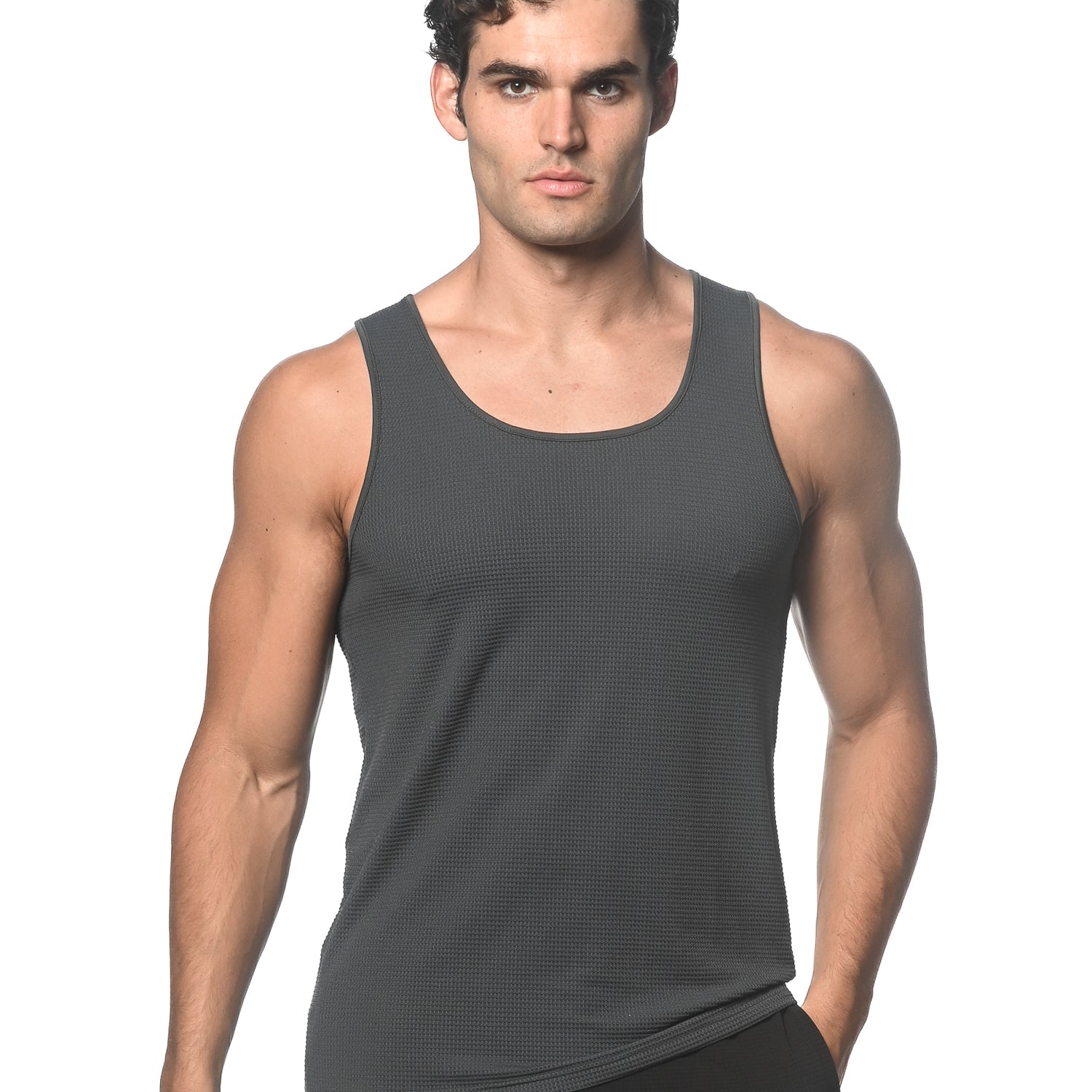 CHARCOAL WAFFLE MESH PERFORMANCE TANK TOP ST-284