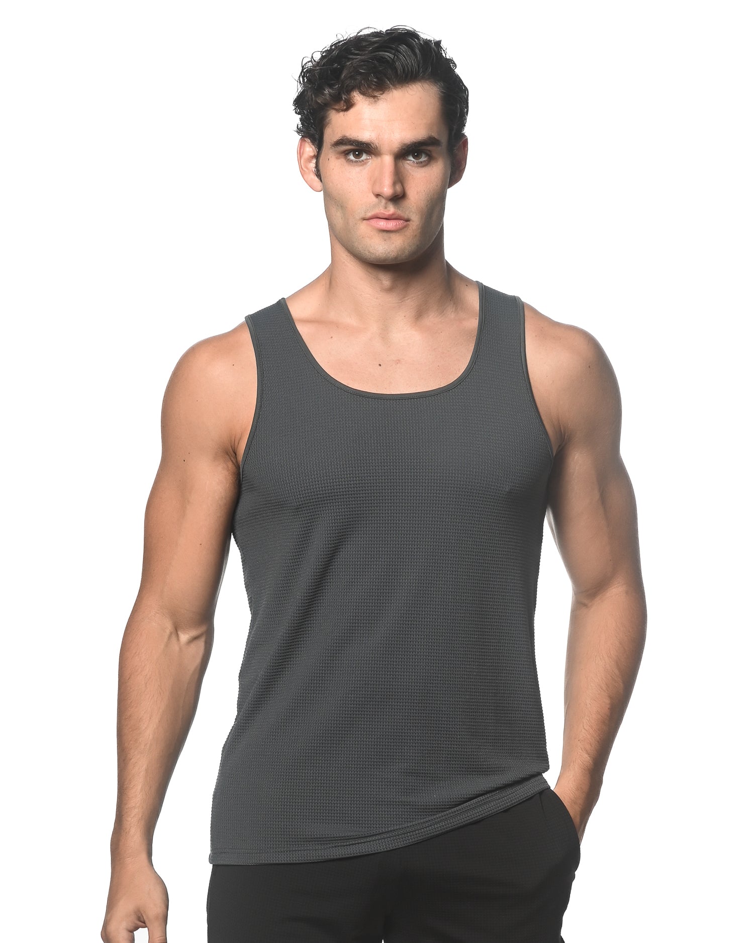 CHARCOAL WAFFLE MESH PERFORMANCE TANK TOP ST-284