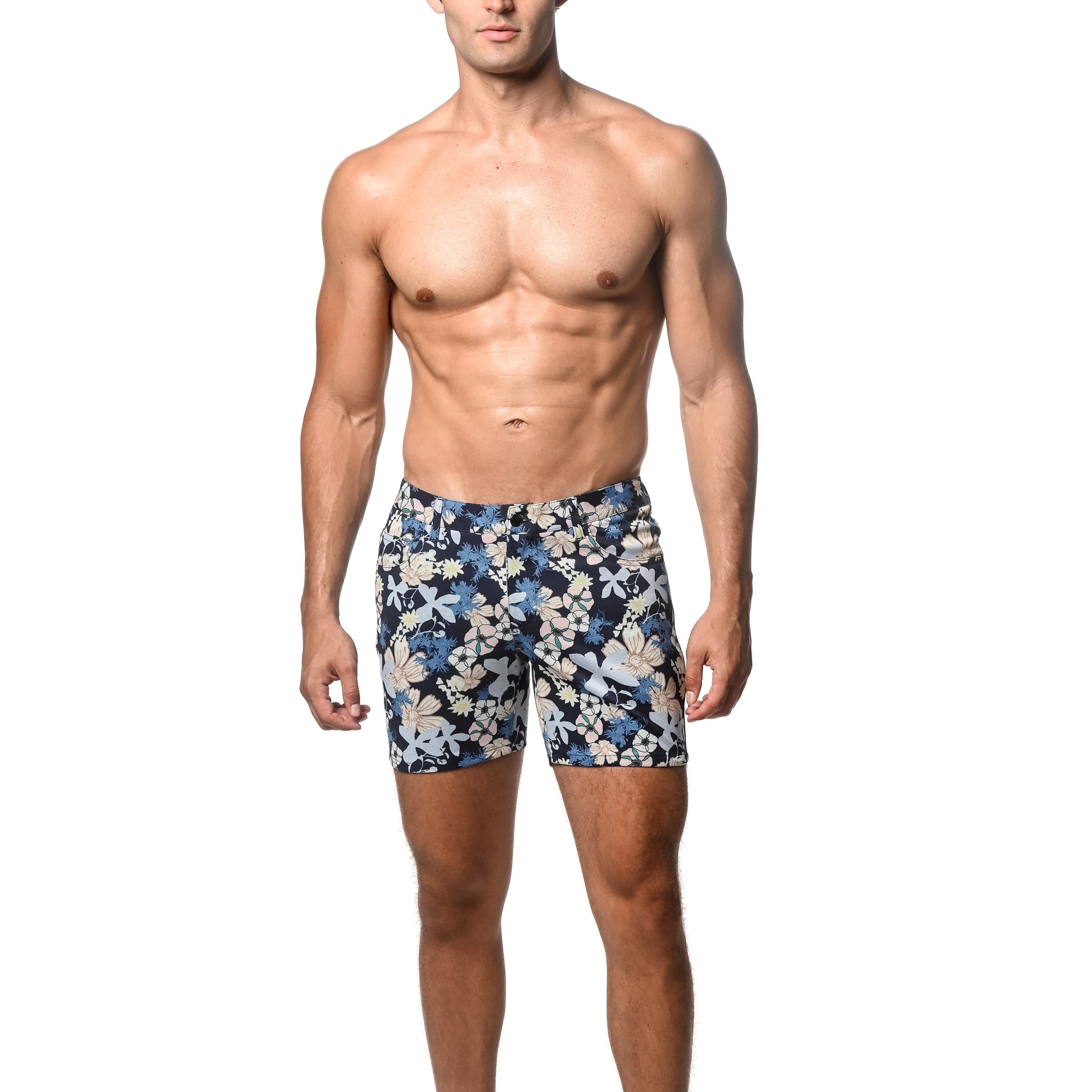 NAVY/BUTTER FLEUR 5" INSEAM PRINTED STRETCH KNIT SHORTS ST-1932-54