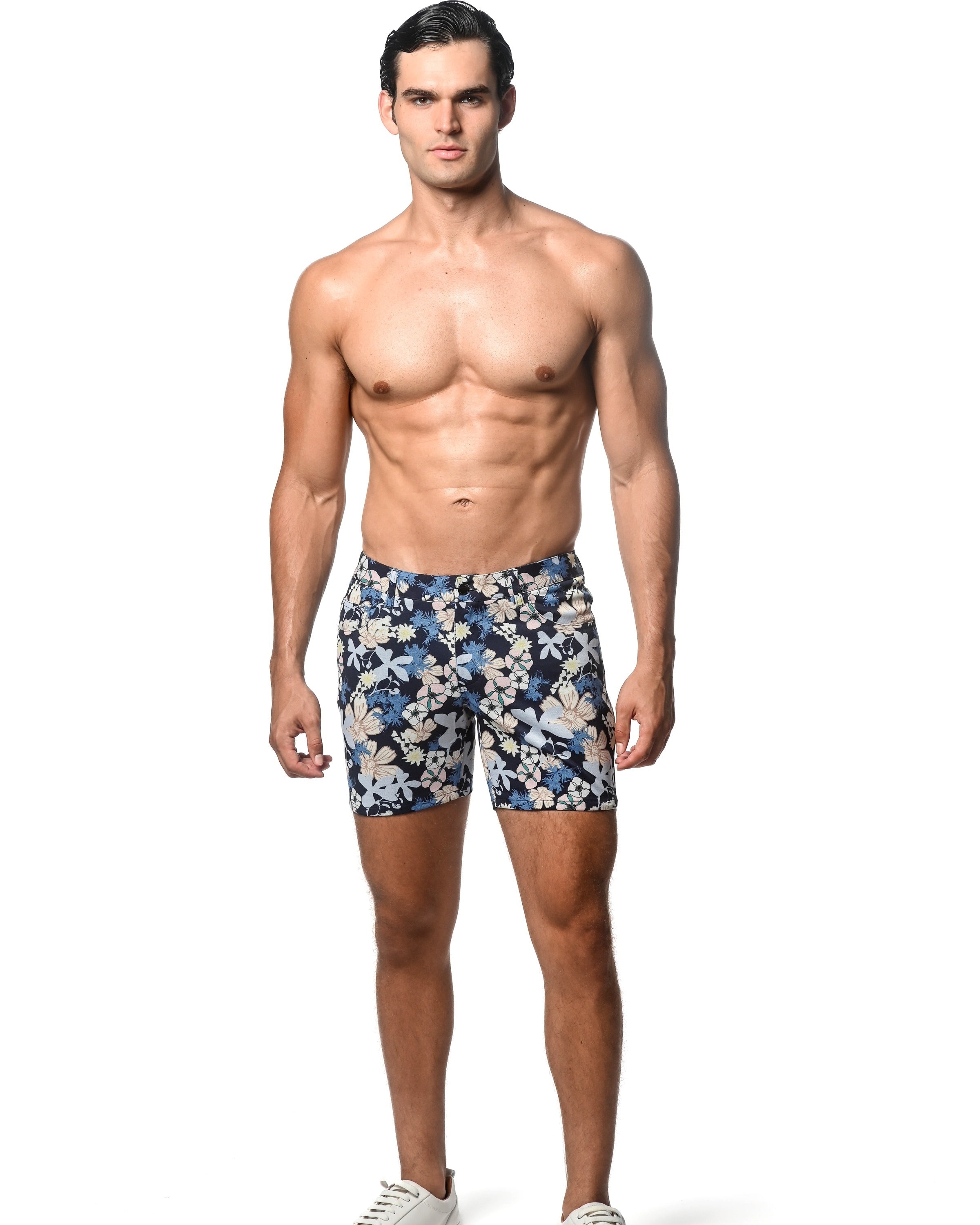 NAVY/BUTTER FLEUR 5" INSEAM PRINTED STRETCH KNIT SHORTS ST-1932-54