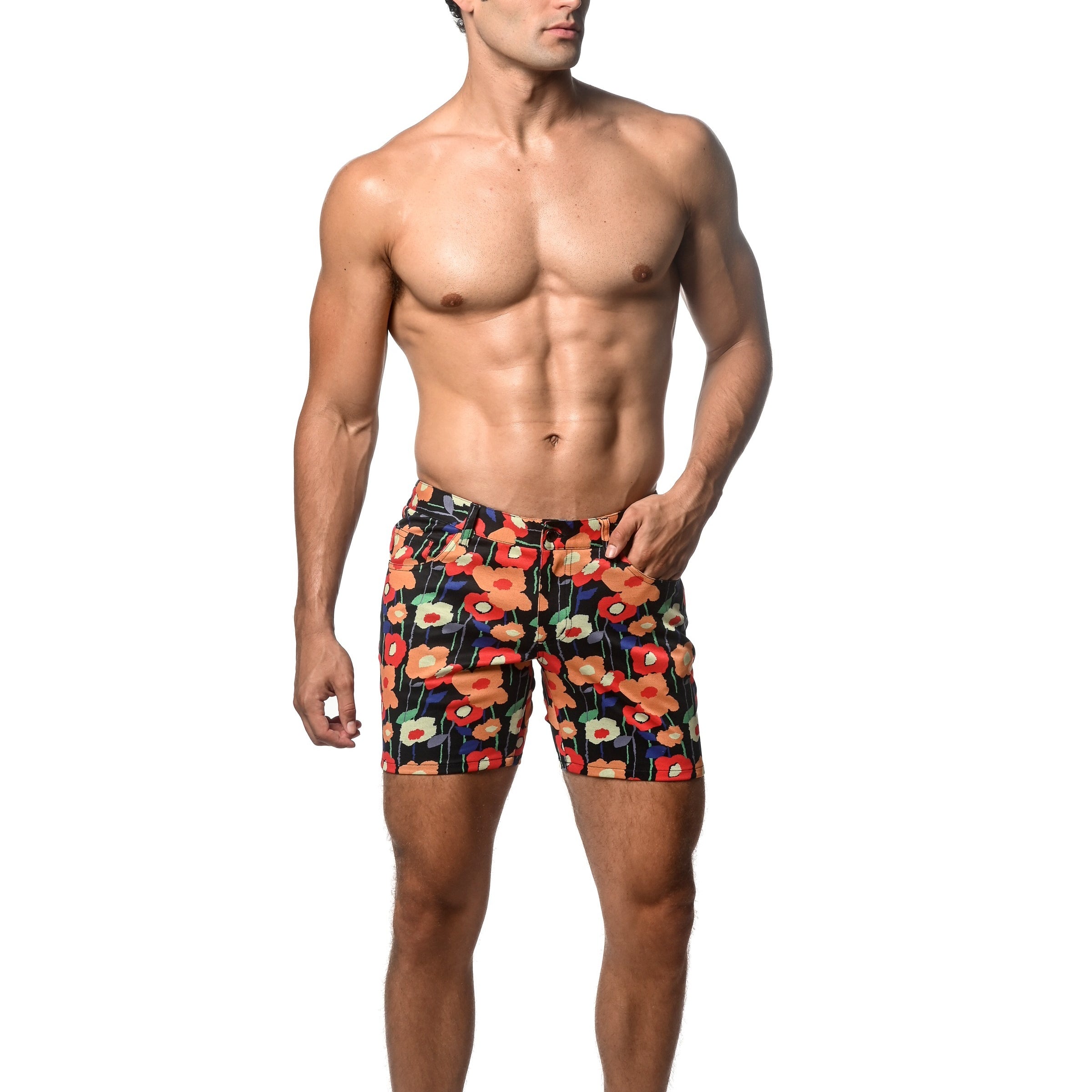 SIENNA/GOLD FLORAL 5" INSEAM PRINTED STRETCH KNIT SHORTS ST-1932-56
