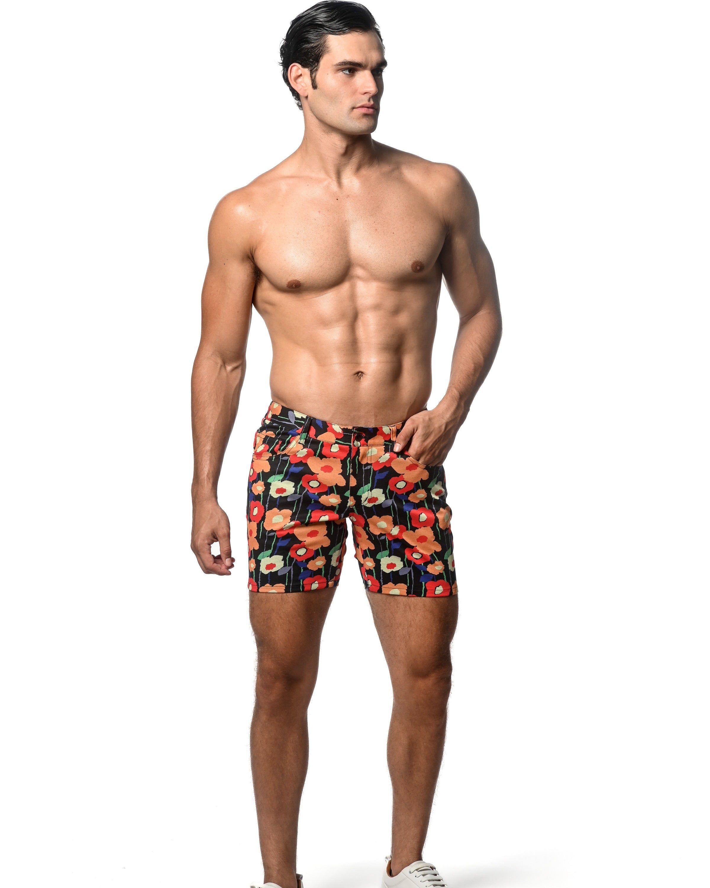 SIENNA/GOLD FLORAL 5" INSEAM PRINTED STRETCH KNIT SHORTS ST-1932-56