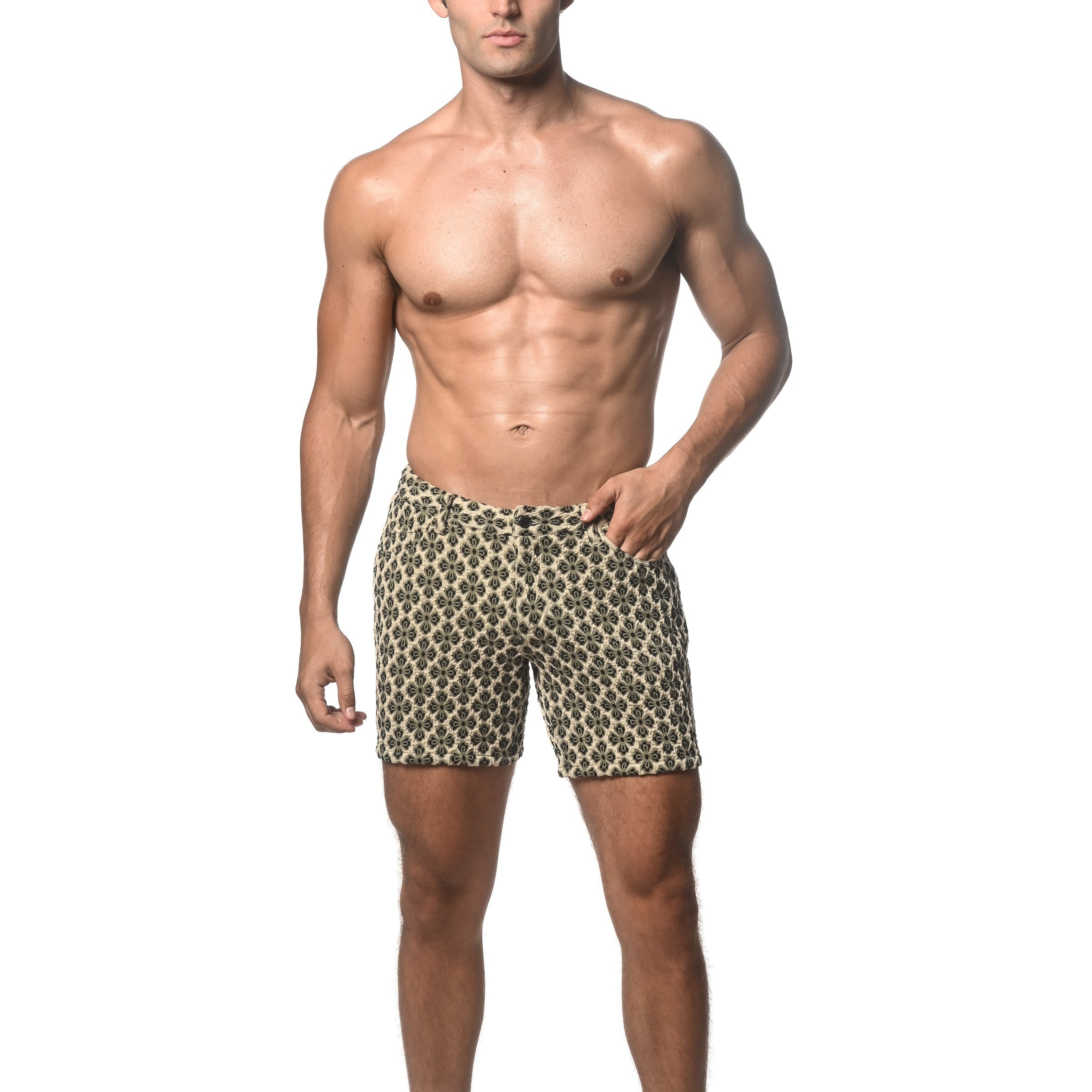 BEIGE/BLACK FLORAL 5" JACQUARD STRETCH KNIT SHORT ST-1932-62