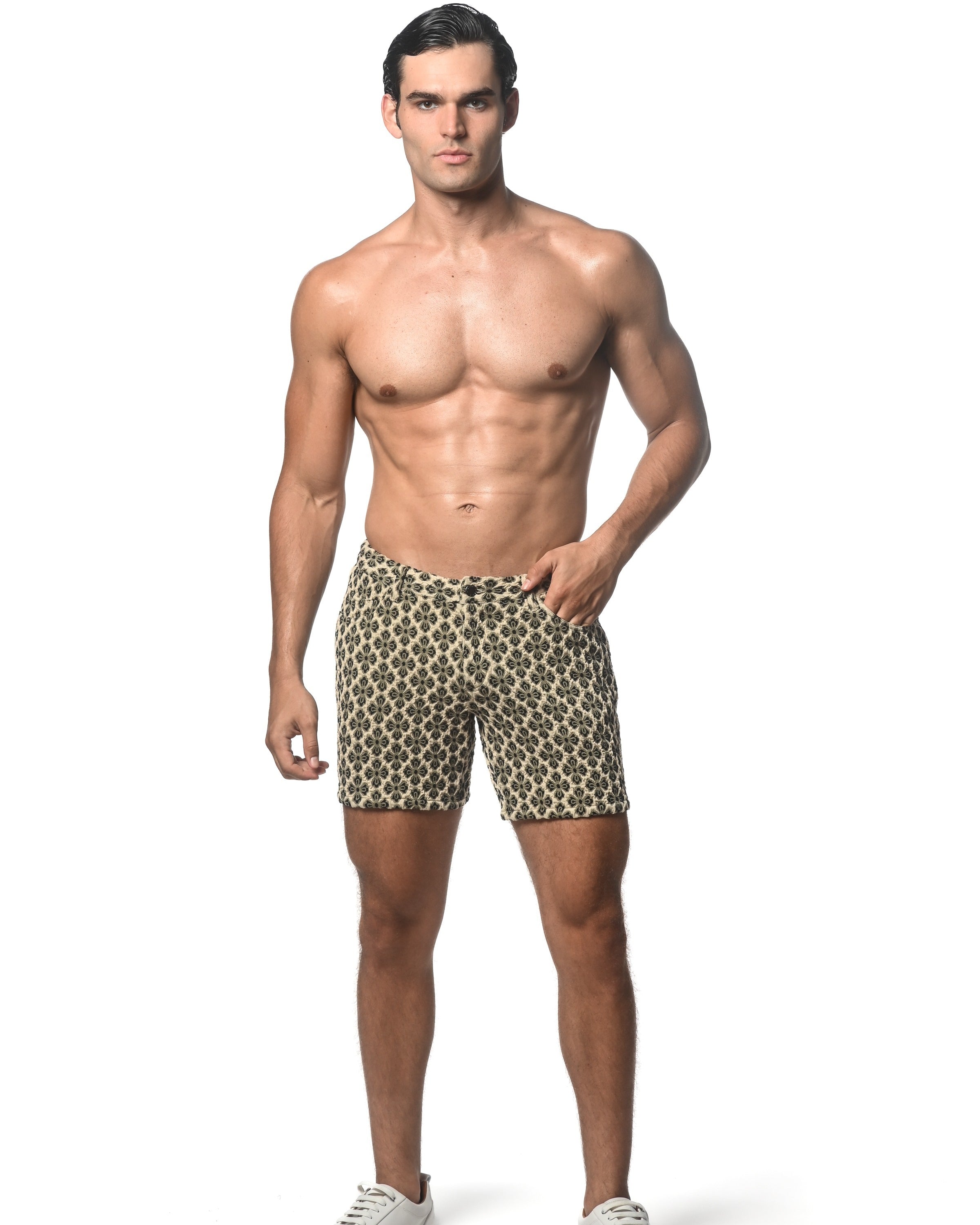 BEIGE/BLACK FLORAL 5" JACQUARD STRETCH KNIT SHORT ST-1932-62
