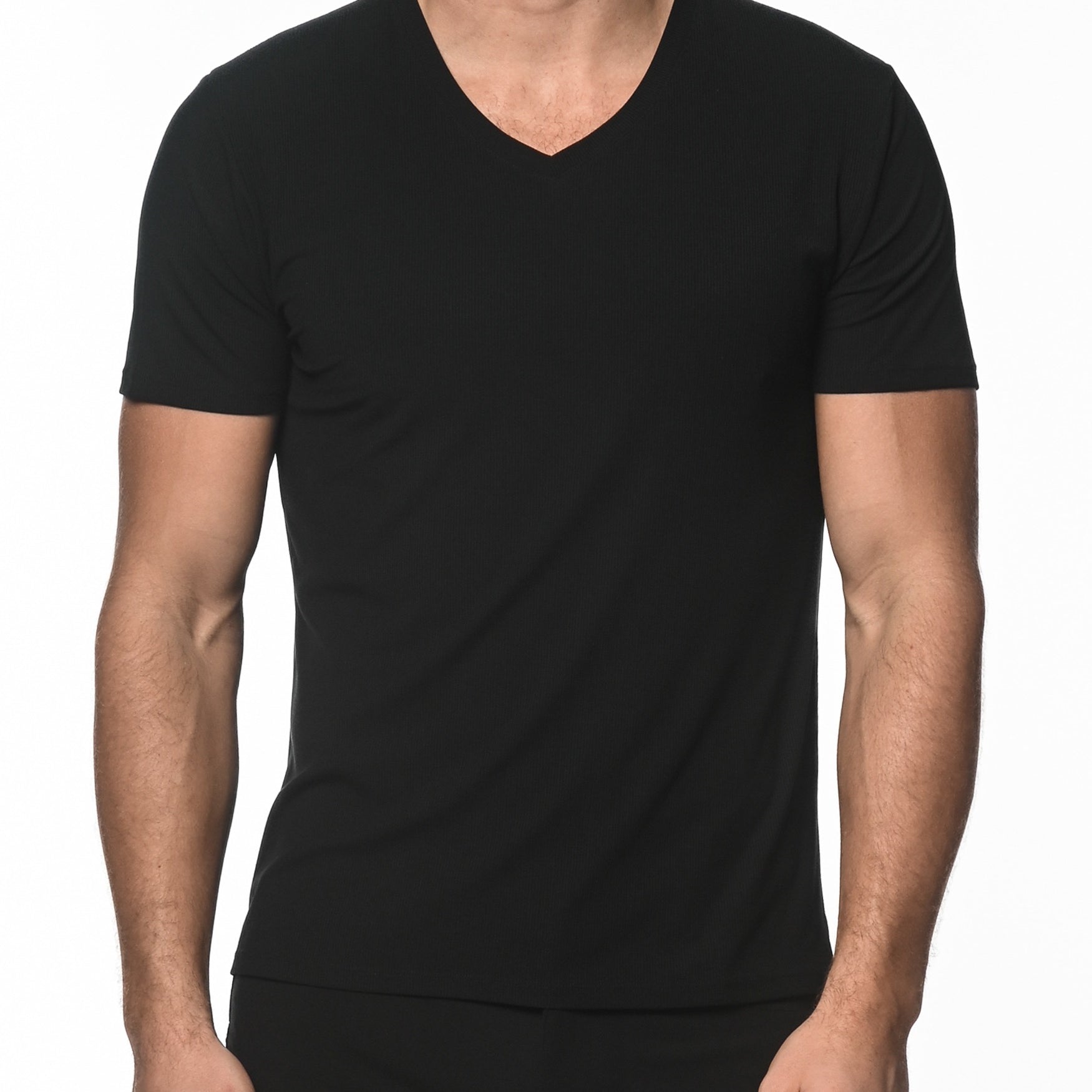 BLACK V-NECK SHORT SLEEVE RIB MODAL T-SHIRT  ST-16005