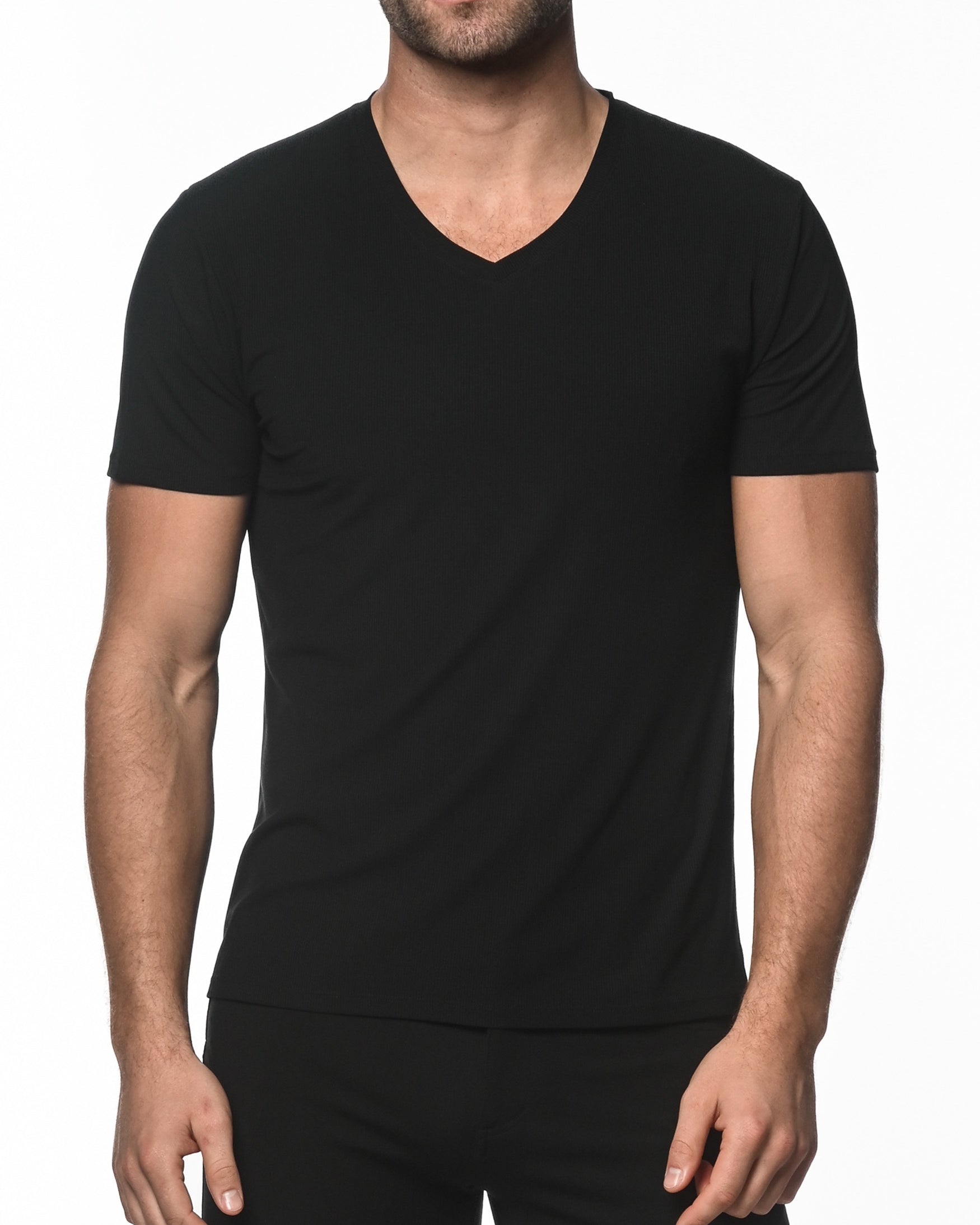 BLACK V-NECK SHORT SLEEVE RIB MODAL T-SHIRT  ST-16005