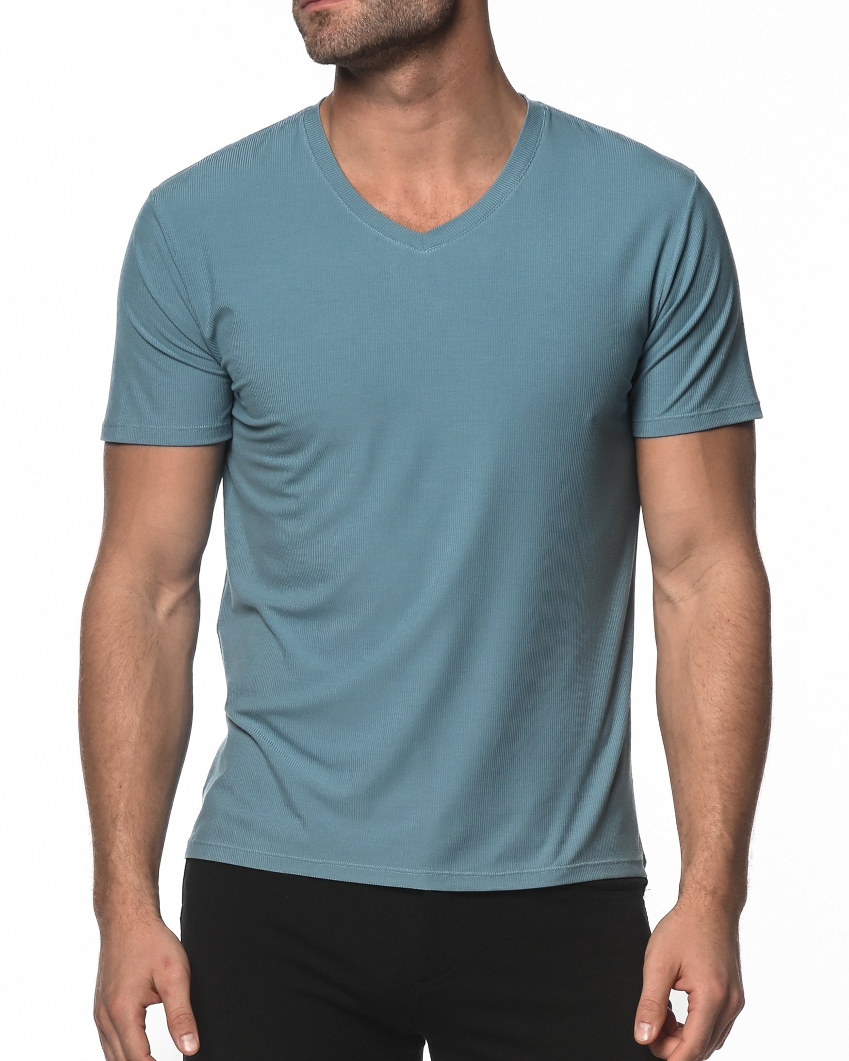 SLATE BLUE V-NECK SHORT SLEEVE RIB MODAL T-SHIRT  ST-16005