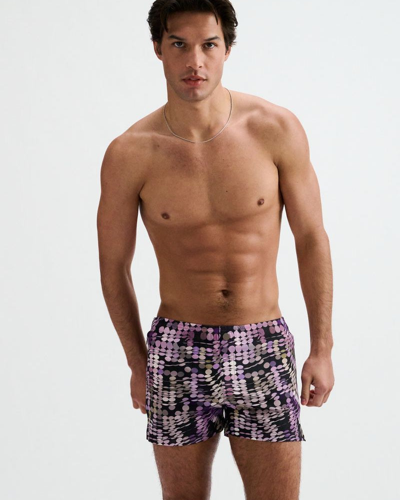 PURPLE/ALOE WAVES PRINTED SWIM SHORTS W/MESH BRIEF LINING ST-8024-14