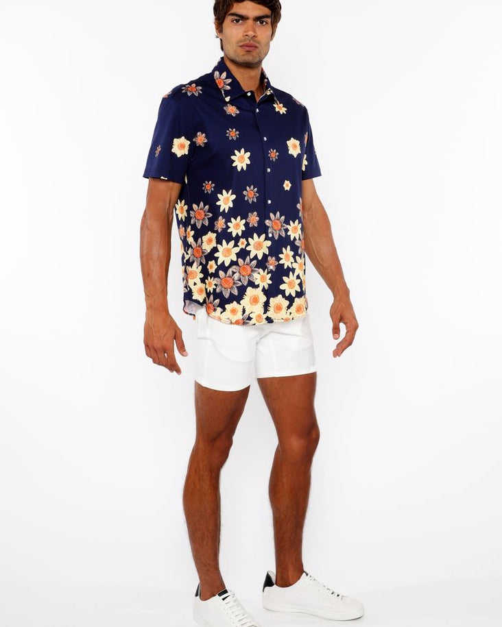 NAVY/YELLOW SUNFLOWERS BORDER PRINT COTTON JERSEY KNIT SHORT SLEEVE SHIRT ST-9341