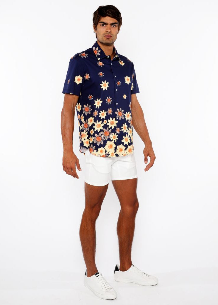 NAVY/YELLOW SUNFLOWERS BORDER PRINT COTTON JERSEY KNIT SHORT SLEEVE SHIRT ST-9341