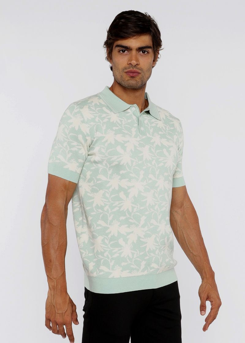 ALOE/CREAM FOLIAGE JACQUARD KNIT 3-BUTTON POLO ST-24306