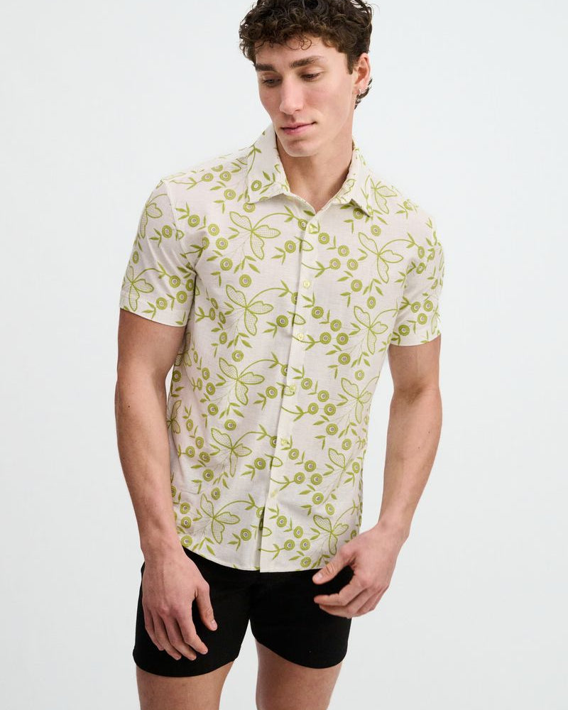 IVY/WHITE PRINTED STRETCH EYELET KNIT SHORT SLEEVE SHIRT ST-24077