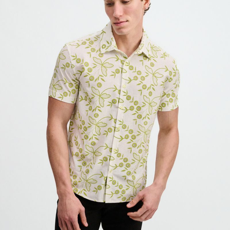 IVY/WHITE PRINTED STRETCH EYELET KNIT SHORT SLEEVE SHIRT ST-24077