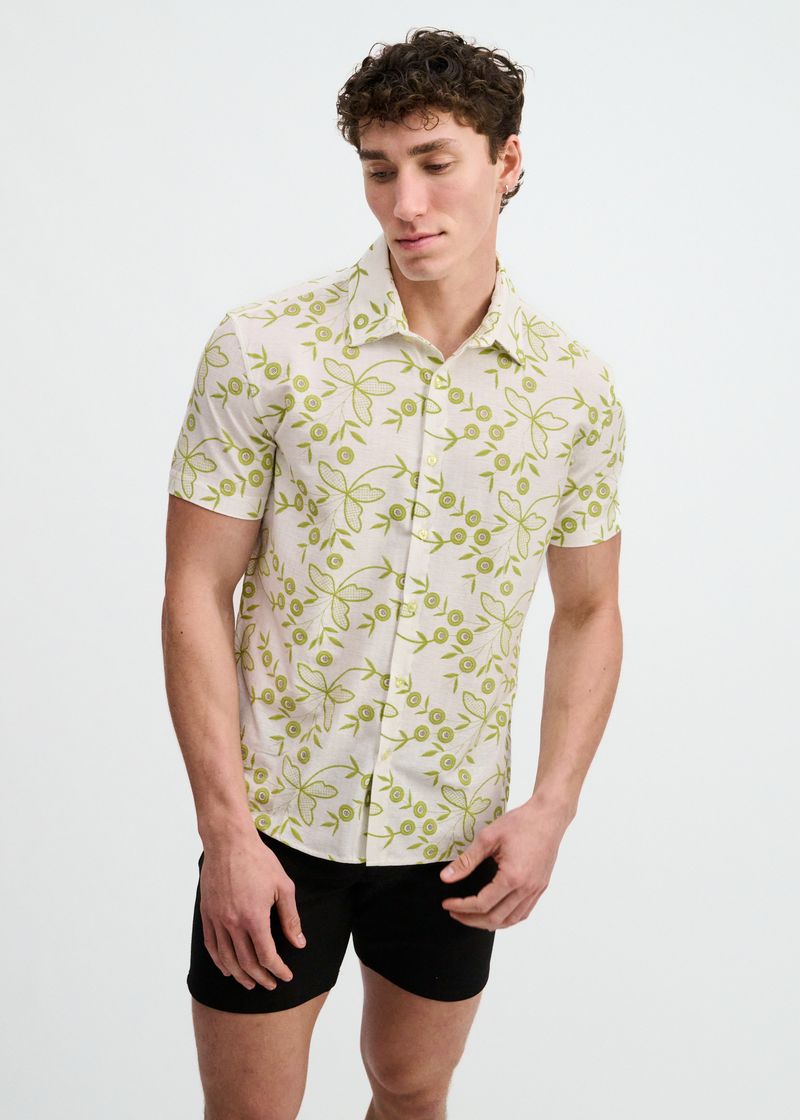 IVY/WHITE PRINTED STRETCH EYELET KNIT SHORT SLEEVE SHIRT ST-24077