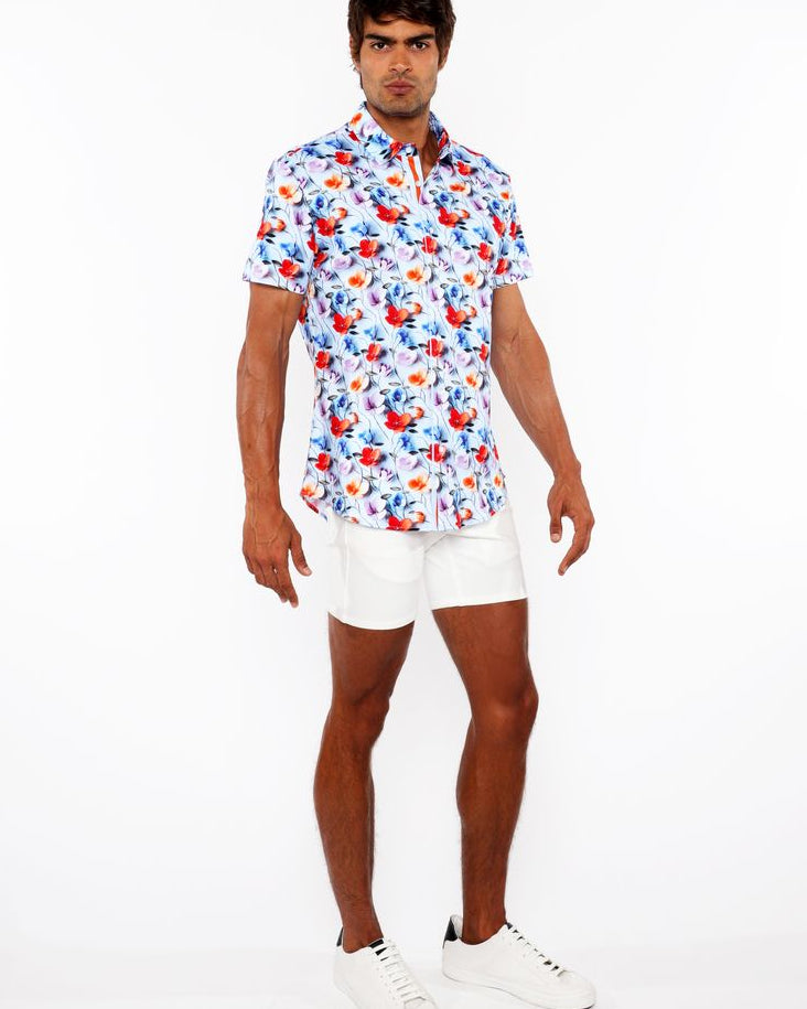 SKY/MULTI FLORAL 3D PRINT COTTON JERSEY KNIT SHORT SLEEVE SHIRT W/CONTRAST STRIPE PLACKET ST-9327