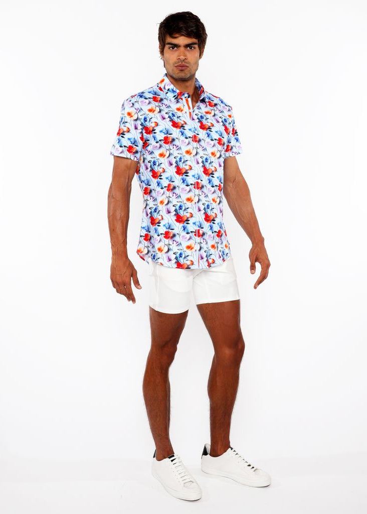 SKY/MULTI FLORAL 3D PRINT COTTON JERSEY KNIT SHORT SLEEVE SHIRT W/CONTRAST STRIPE PLACKET ST-9327