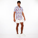 SKY/MULTI FLORAL 3D PRINT COTTON JERSEY KNIT SHORT SLEEVE SHIRT W/CONTRAST STRIPE PLACKET ST-9327