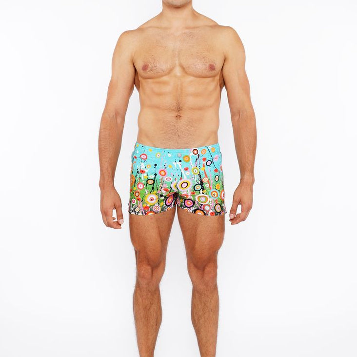 SKY/MULTI CIRCLE BURTS PRINTED SWIM SHORT W/MESH BRIEF LINING ST-8024-01