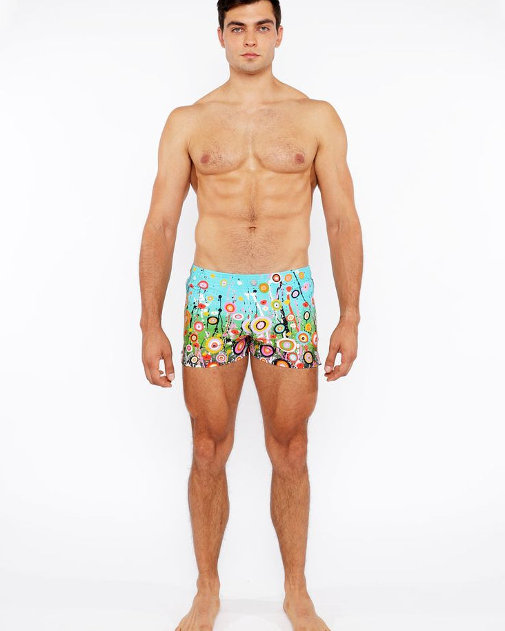 SKY/MULTI CIRCLE BURTS PRINTED SWIM SHORT W/MESH BRIEF LINING ST-8024-01