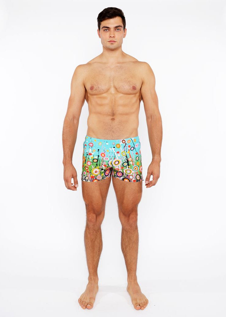 SKY/MULTI CIRCLE BURTS PRINTED SWIM SHORT W/MESH BRIEF LINING ST-8024-01