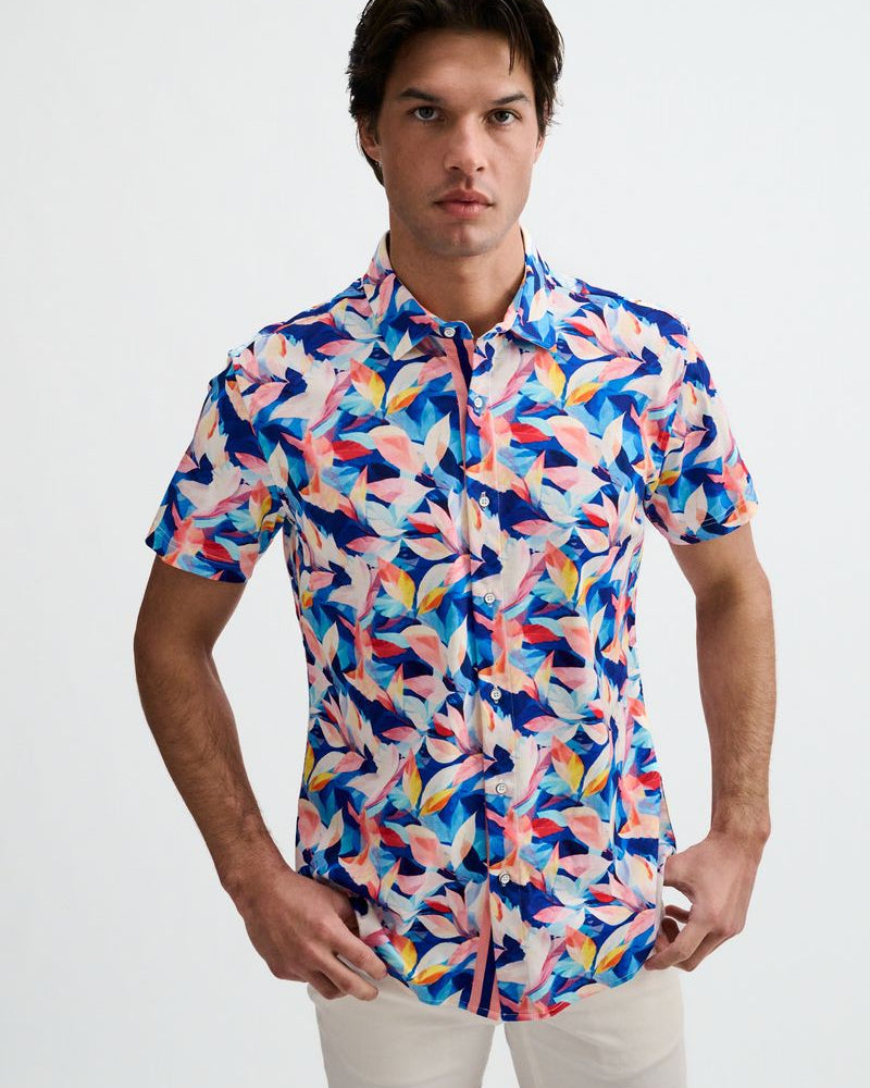 NAVY/BLUSH LEAVES PRINTED COTTON KNIT JERSEY SHORT SLEEVE SHIRT W/PLACKET DETAIL ST-9357