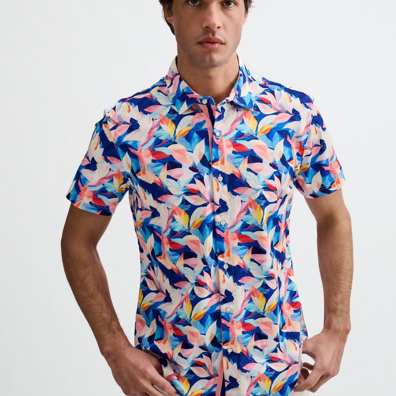 NAVY/BLUSH LEAVES PRINTED COTTON KNIT JERSEY SHORT SLEEVE SHIRT W/PLACKET DETAIL ST-9357