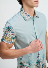 TEAL/OCEAN FLORAL ENGINEERED BORDER PRINT COTTON KNIT JERSEY SHORT SLEEVE SHIRT ST-9352