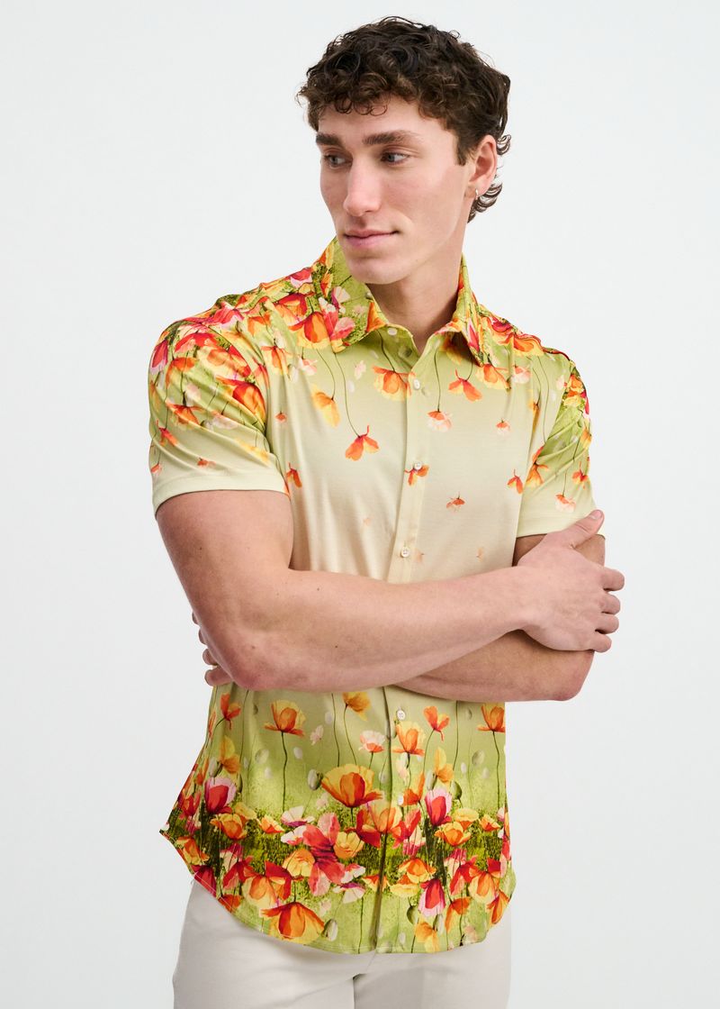 GRASS/ORANGE FLORAL ENGINEERED BORDER PRINT COTTON KNIT JERSEY SHORT SLEEVE SHIRT ST-9350