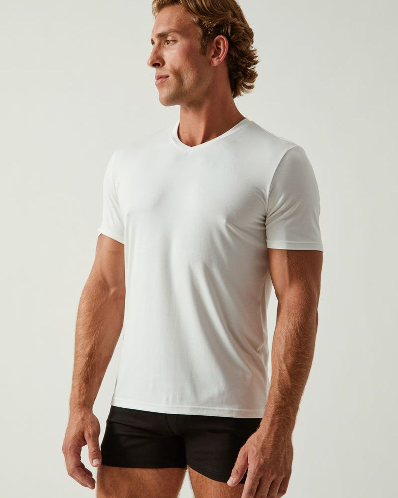 CHALK WHITE SOLID STRETCH MODAL V- NECK TEE ST-9010