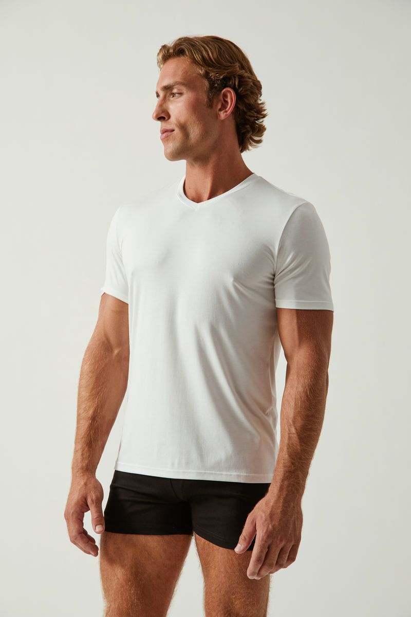 CHALK WHITE SOLID STRETCH MODAL V- NECK TEE ST-9010