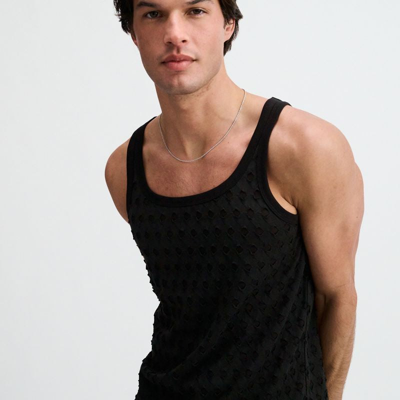 BLACK STRETCH RIPPED KNIT TANK ST-11141