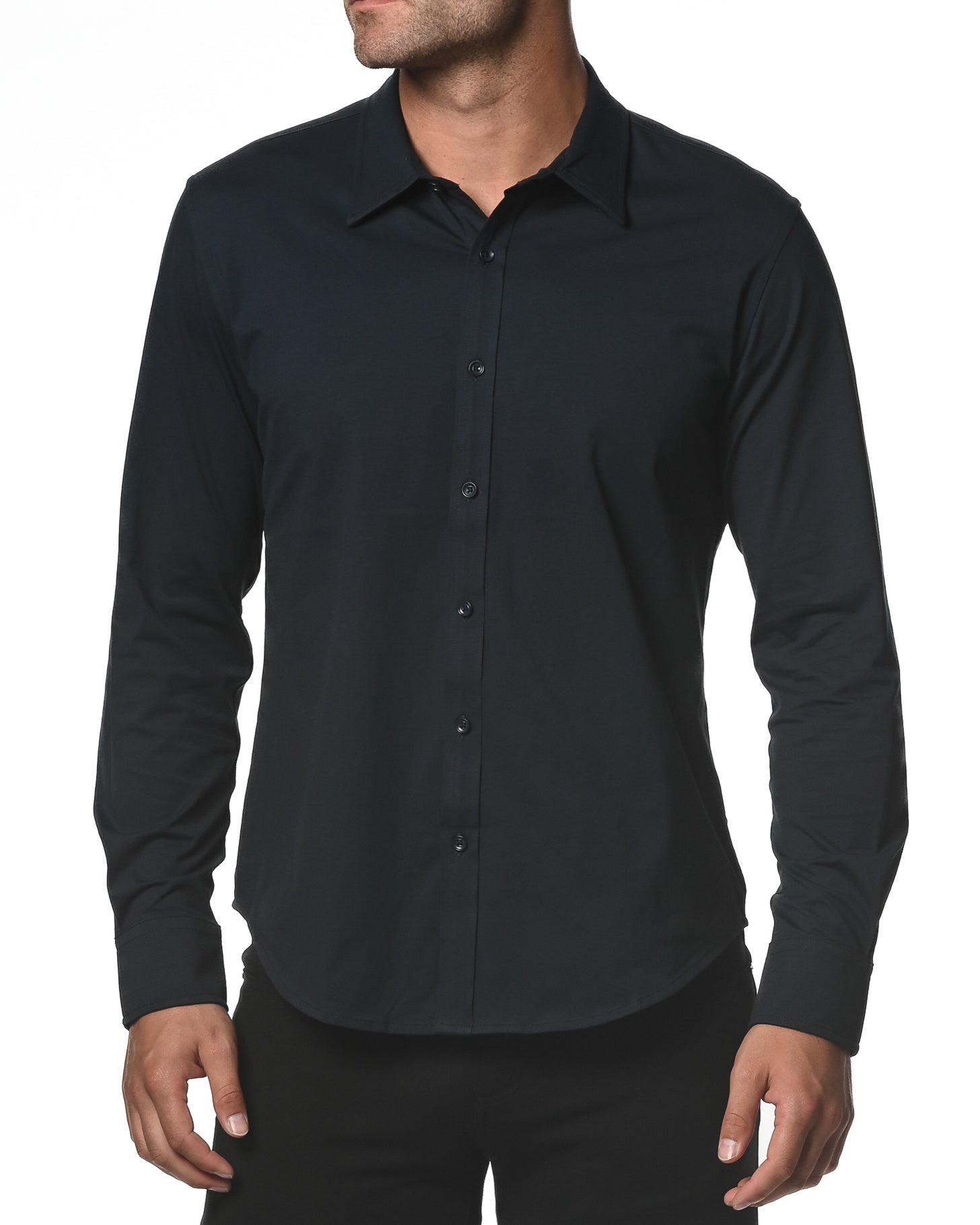 NAVY LONG SLEEVE SOLID KNIT STRETCH SHIRT ST-1050