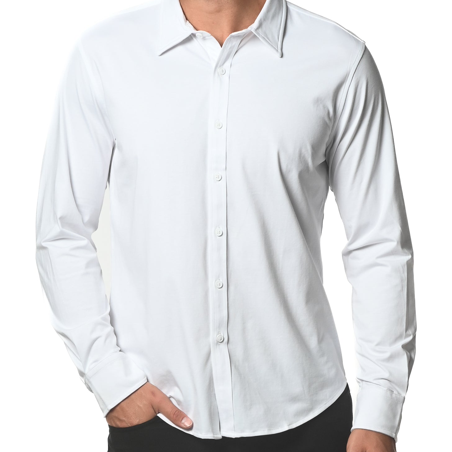WHITE LONG SLEEVE SOLID KNIT STRETCH SHIRT ST-1050