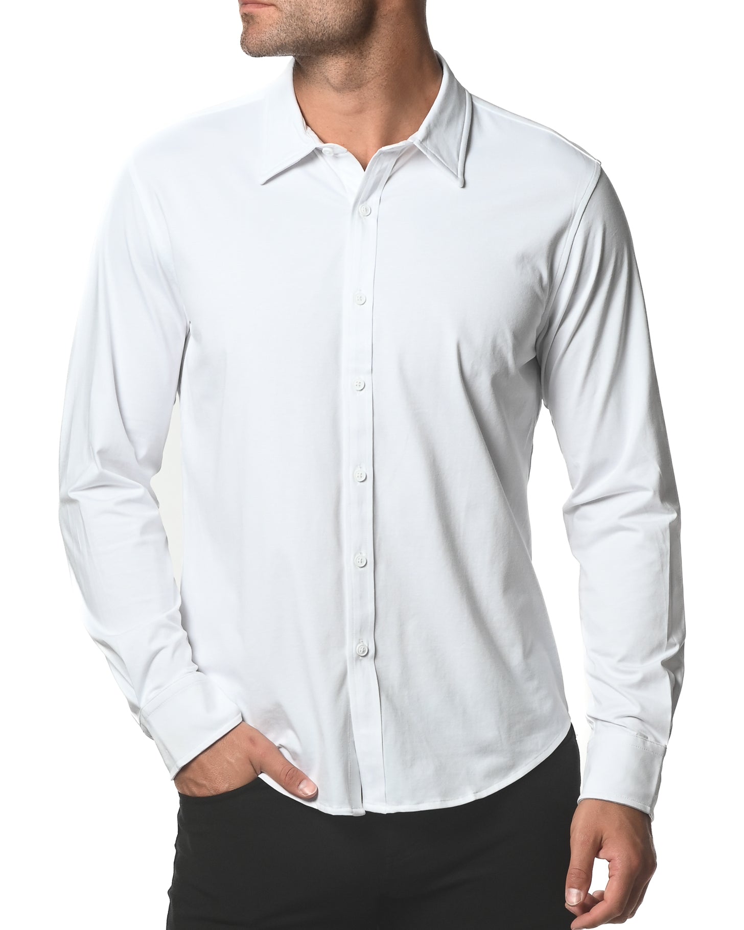 WHITE LONG SLEEVE SOLID KNIT STRETCH SHIRT ST-1050