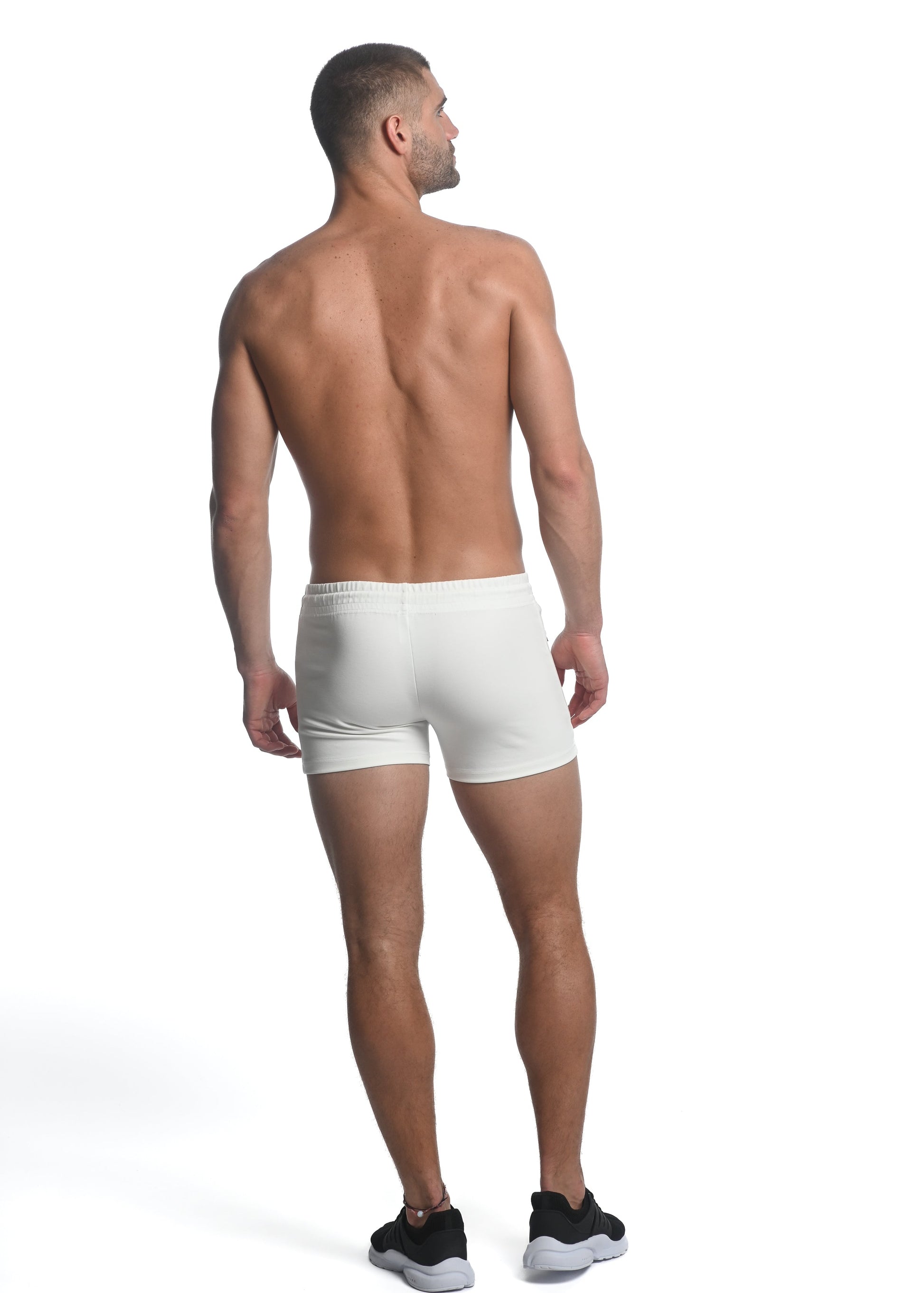 WHITE STUCCO VAULT GYM-TECH 3.5" INSEAM STRETCH SHORTS W/ HEAT WELD ZIPPERS