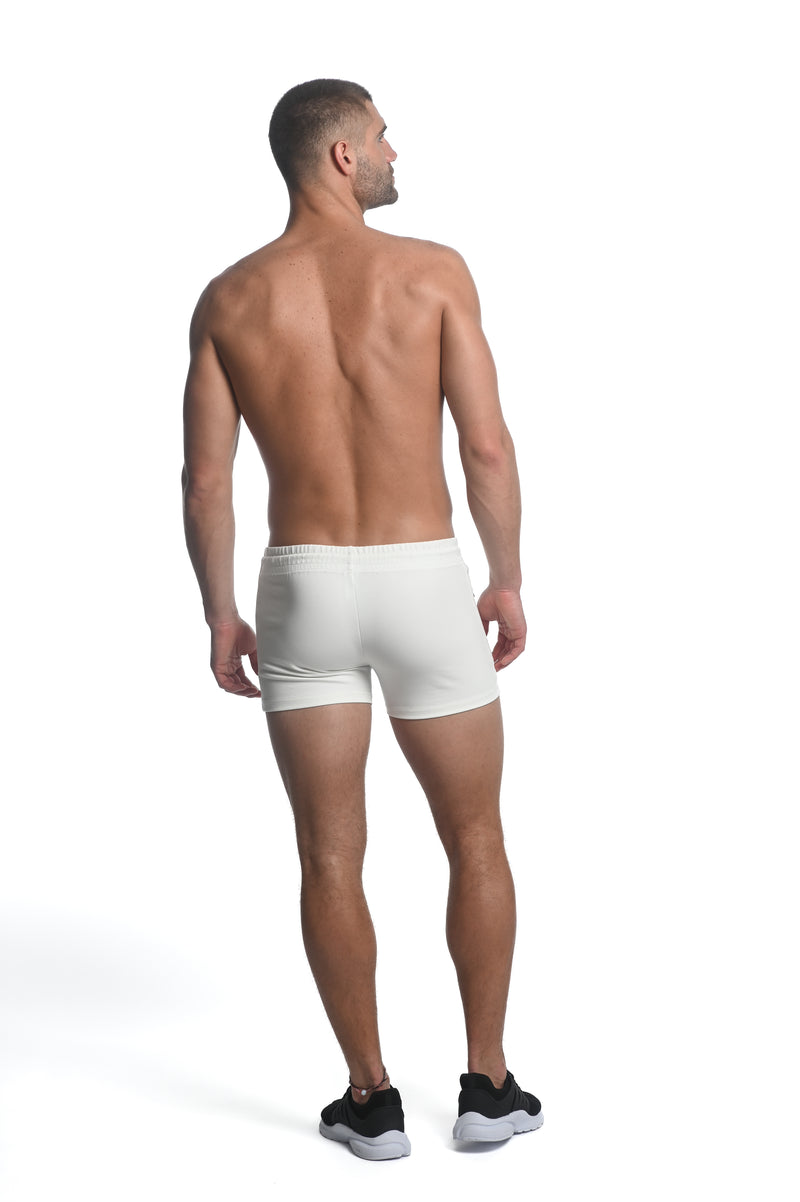 WHITE STUCCO VAULT GYM-TECH 3.5" INSEAM STRETCH SHORTS W/ HEAT WELD ZIPPERS
