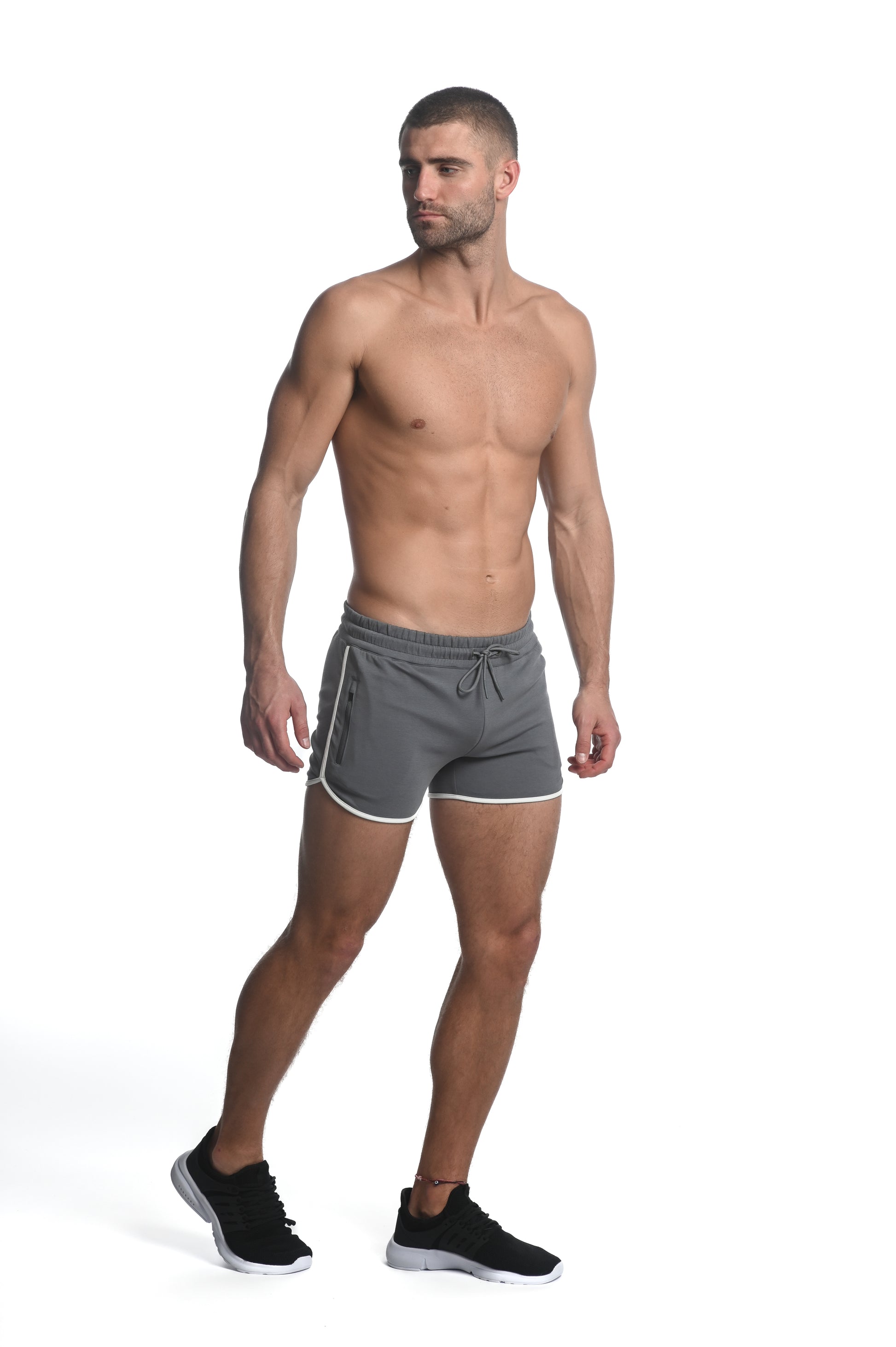 SLATE BLUE SPRINTER 3.5" INSEAM STRETCH GYM SHORTS W/ HEAT WELD ZIPPERS