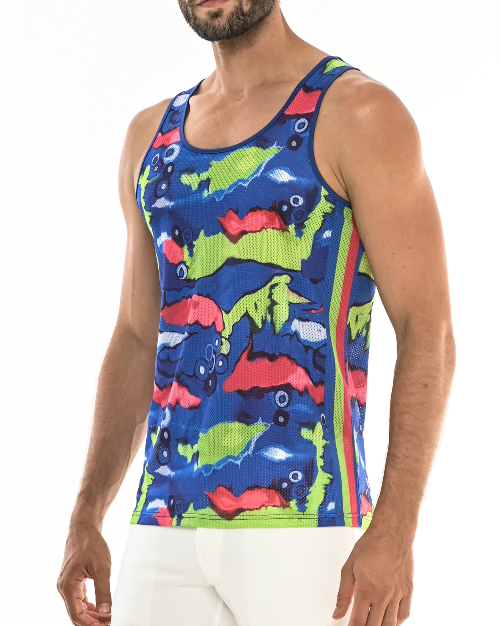COBALT/LIME ABSTRACT TANK TOP W/SIDE STRIPES ST-11054 Final Sale