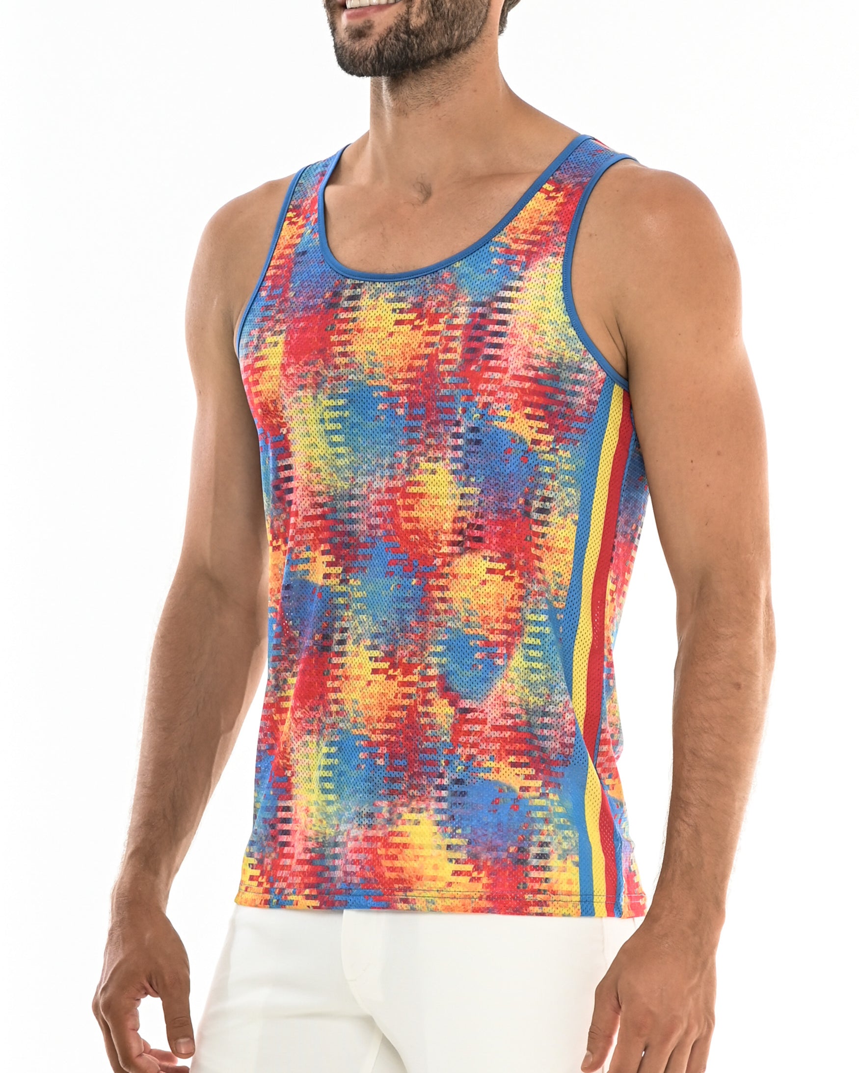 RAINBOW SMUDGE ABSTRACT TANK TOP W/SIDE STRIPES ST-11055 Final Sale