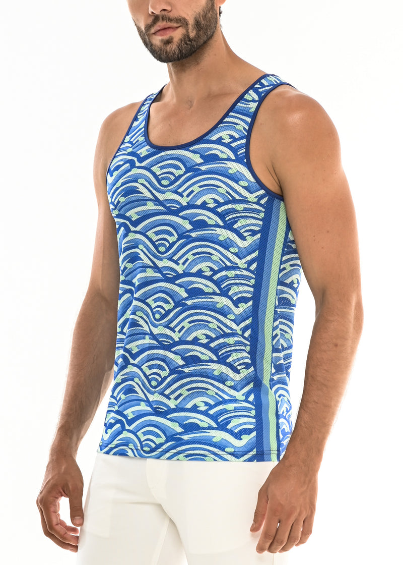 BLUE/OCEAN WAVES TANK TOP W/SIDE STRIPES ST-11056